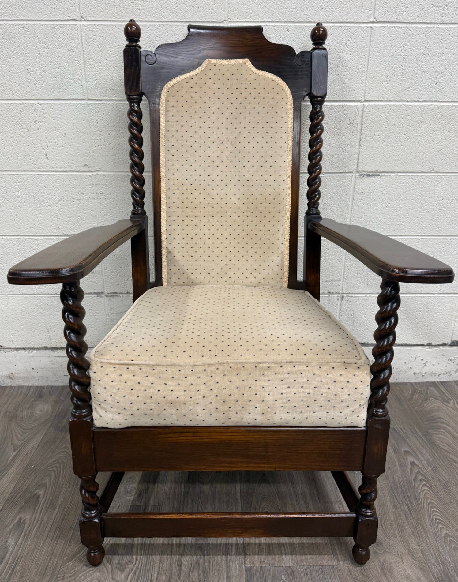 Vintage Jacobean Revival or Tudor Style Barley Twist Oak Armchair and Rocker Set
