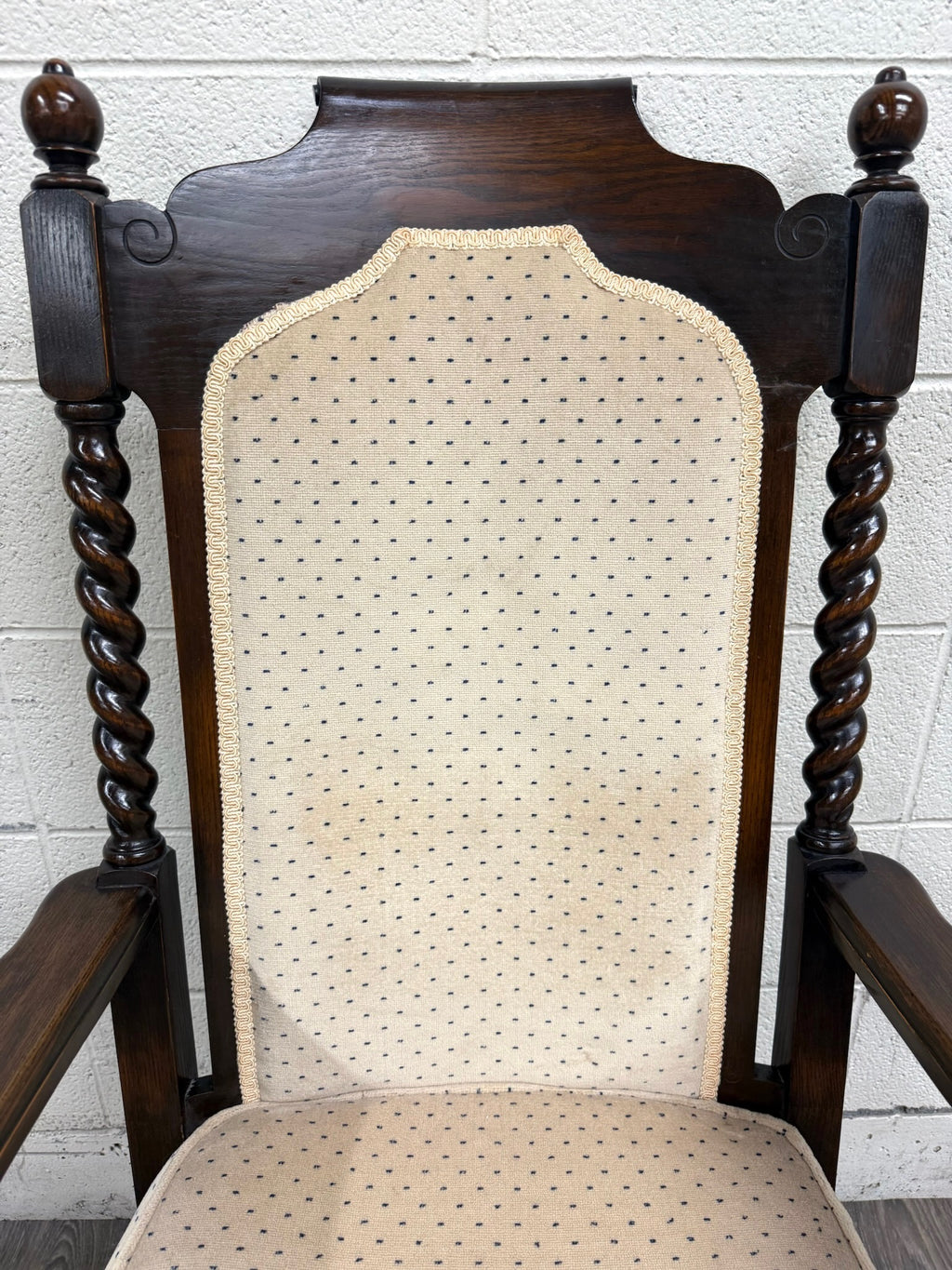 Vintage Jacobean Revival or Tudor Style Barley Twist Oak Armchair and Rocker Set