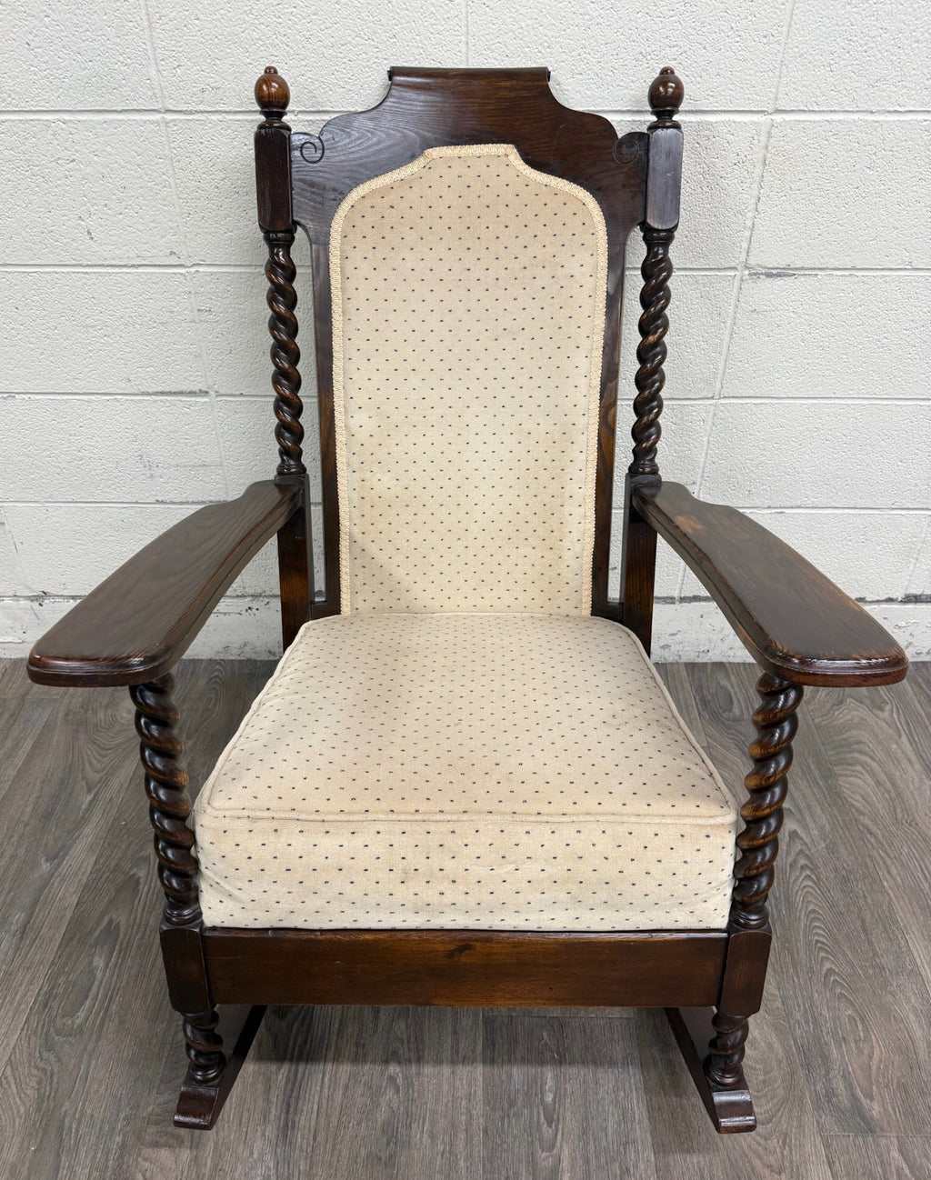 Vintage Jacobean Revival or Tudor Style Barley Twist Oak Armchair and Rocker Set