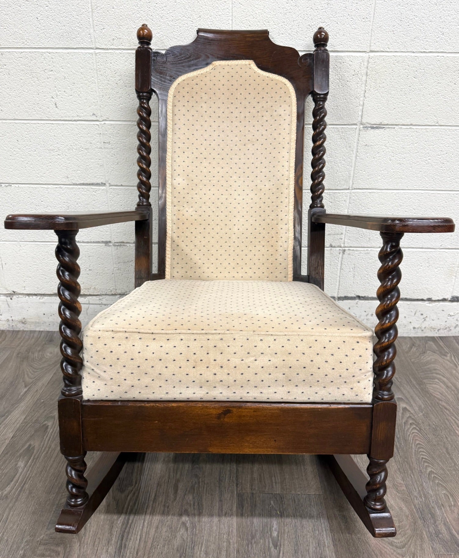 Vintage Jacobean Revival or Tudor Style Barley Twist Oak Armchair and Rocker Set
