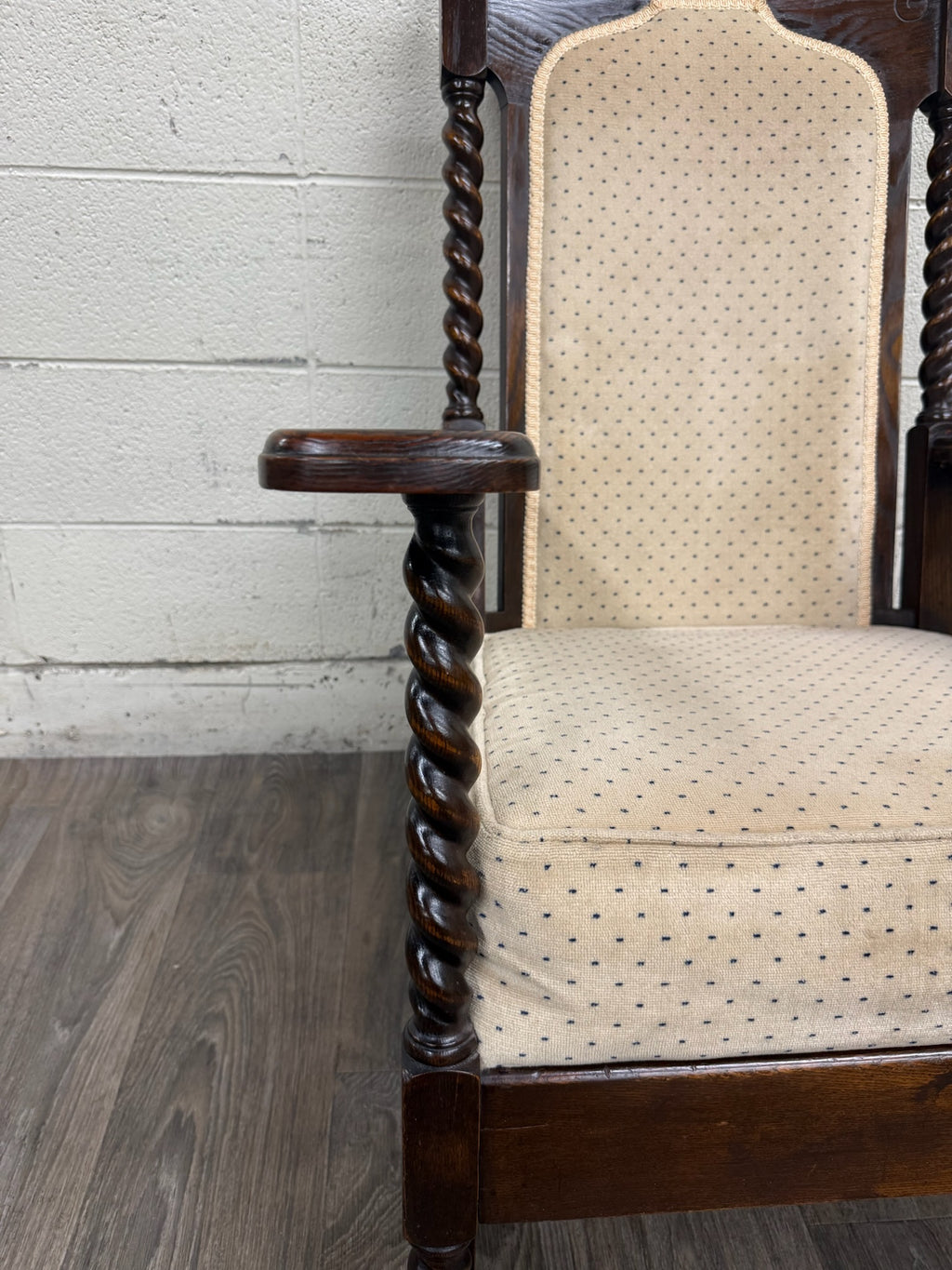 Vintage Jacobean Revival or Tudor Style Barley Twist Oak Armchair and Rocker Set