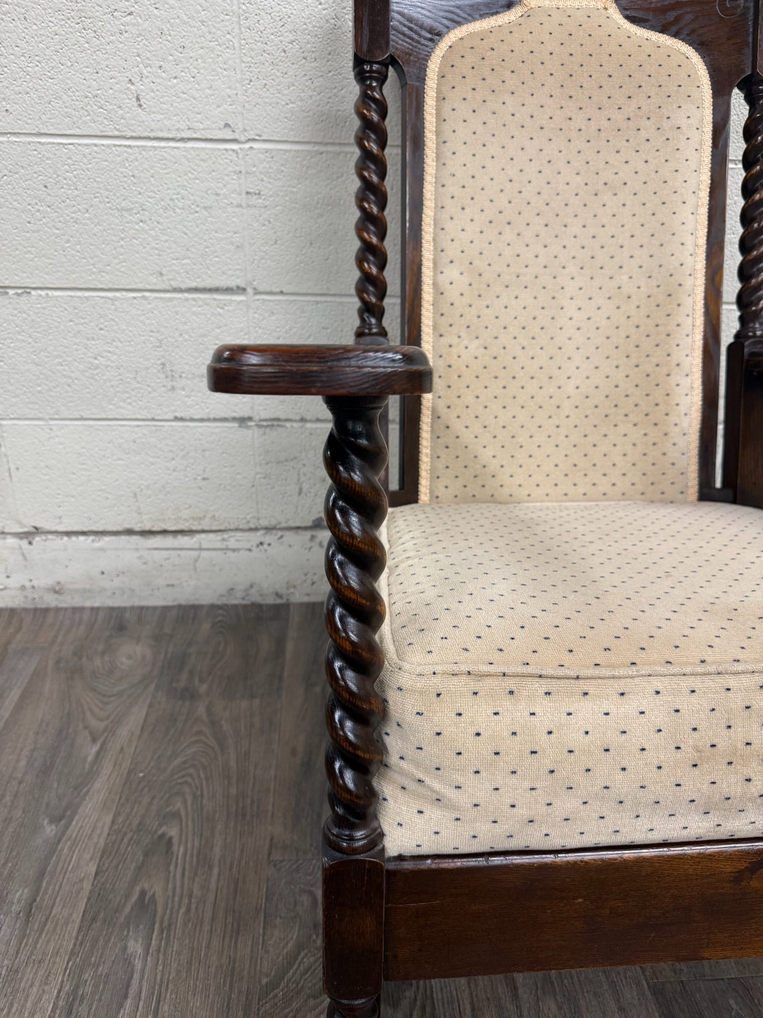 Vintage Jacobean Revival or Tudor Style Barley Twist Oak Armchair and Rocker Set