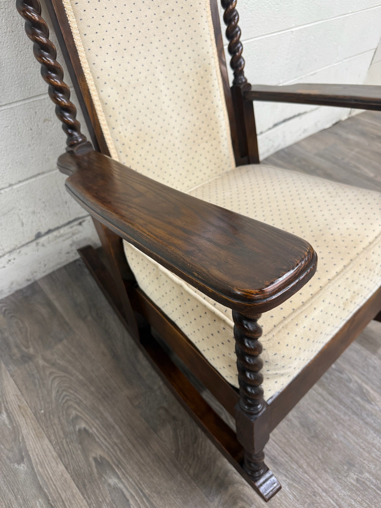 Vintage Jacobean Revival or Tudor Style Barley Twist Oak Armchair and Rocker Set