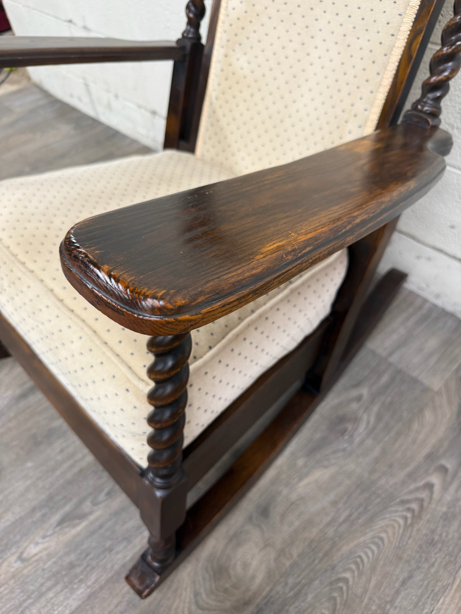 Vintage Jacobean Revival or Tudor Style Barley Twist Oak Armchair and Rocker Set