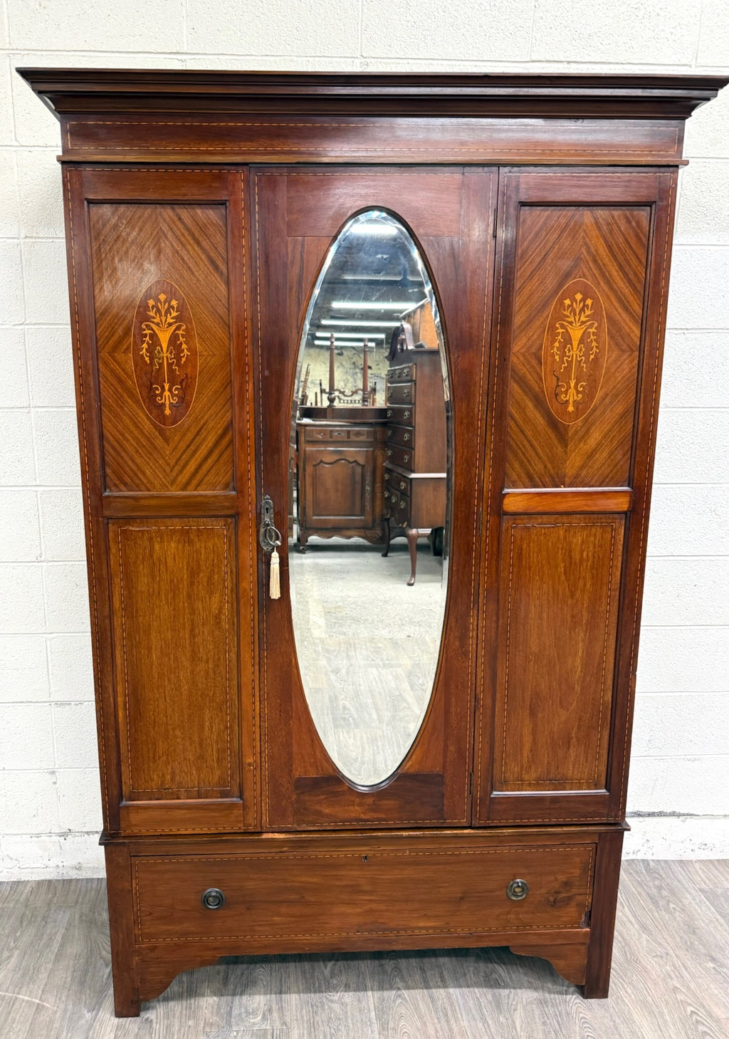 Antique Early 20th Century Edwardian Mahogany Wardrobe with Oval Mirror Door