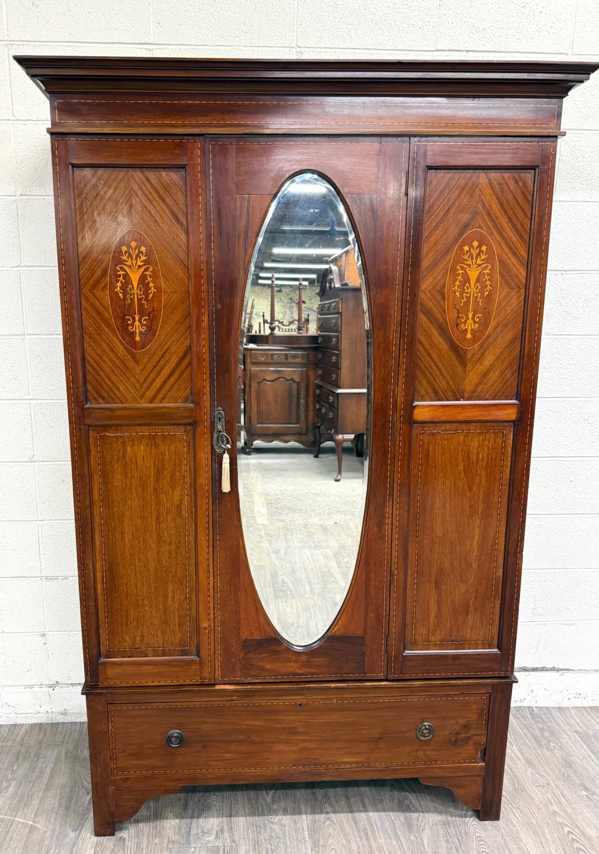 Antique Early 20th Century Edwardian Mahogany Wardrobe with Oval Mirror Door