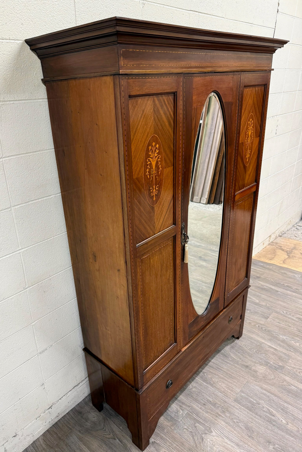 Antique Early 20th Century Edwardian Mahogany Wardrobe with Oval Mirror Door