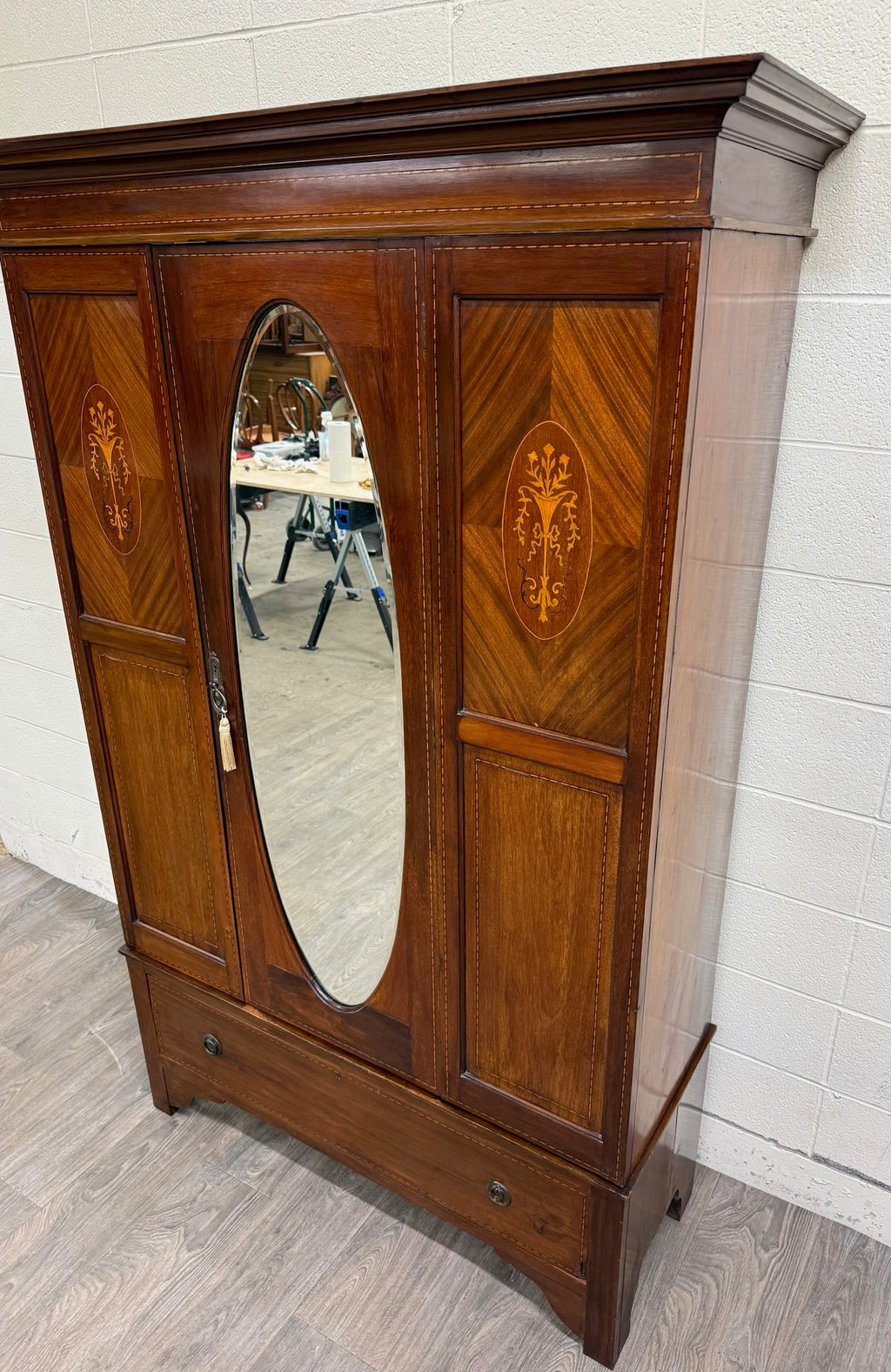 Antique Early 20th Century Edwardian Mahogany Wardrobe with Oval Mirror Door