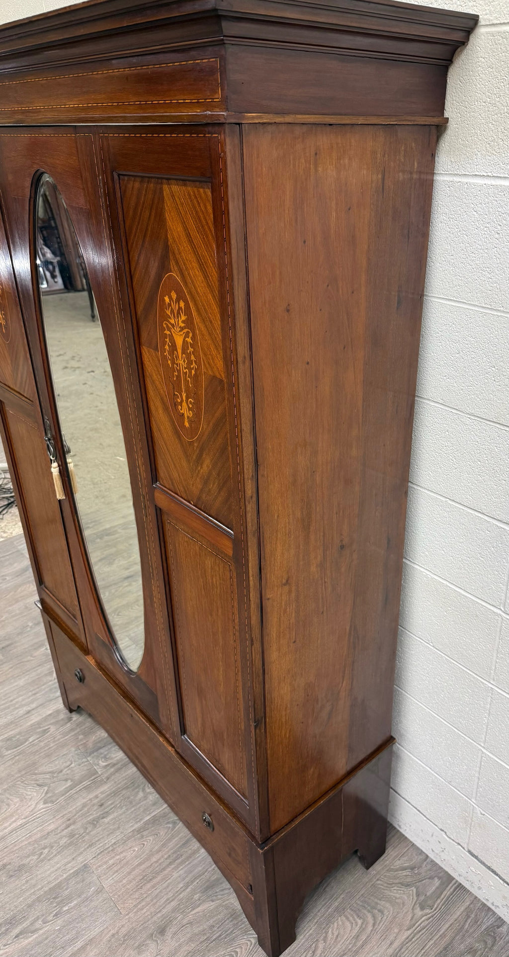 Antique Early 20th Century Edwardian Mahogany Wardrobe with Oval Mirror Door
