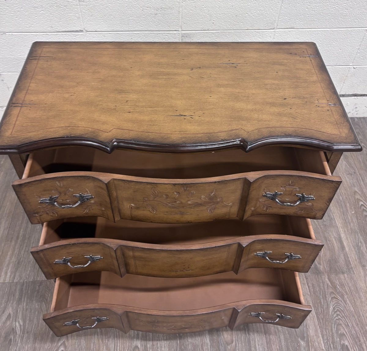 French Provincial Style Serpentine Front Three Drawer Bombe Chest