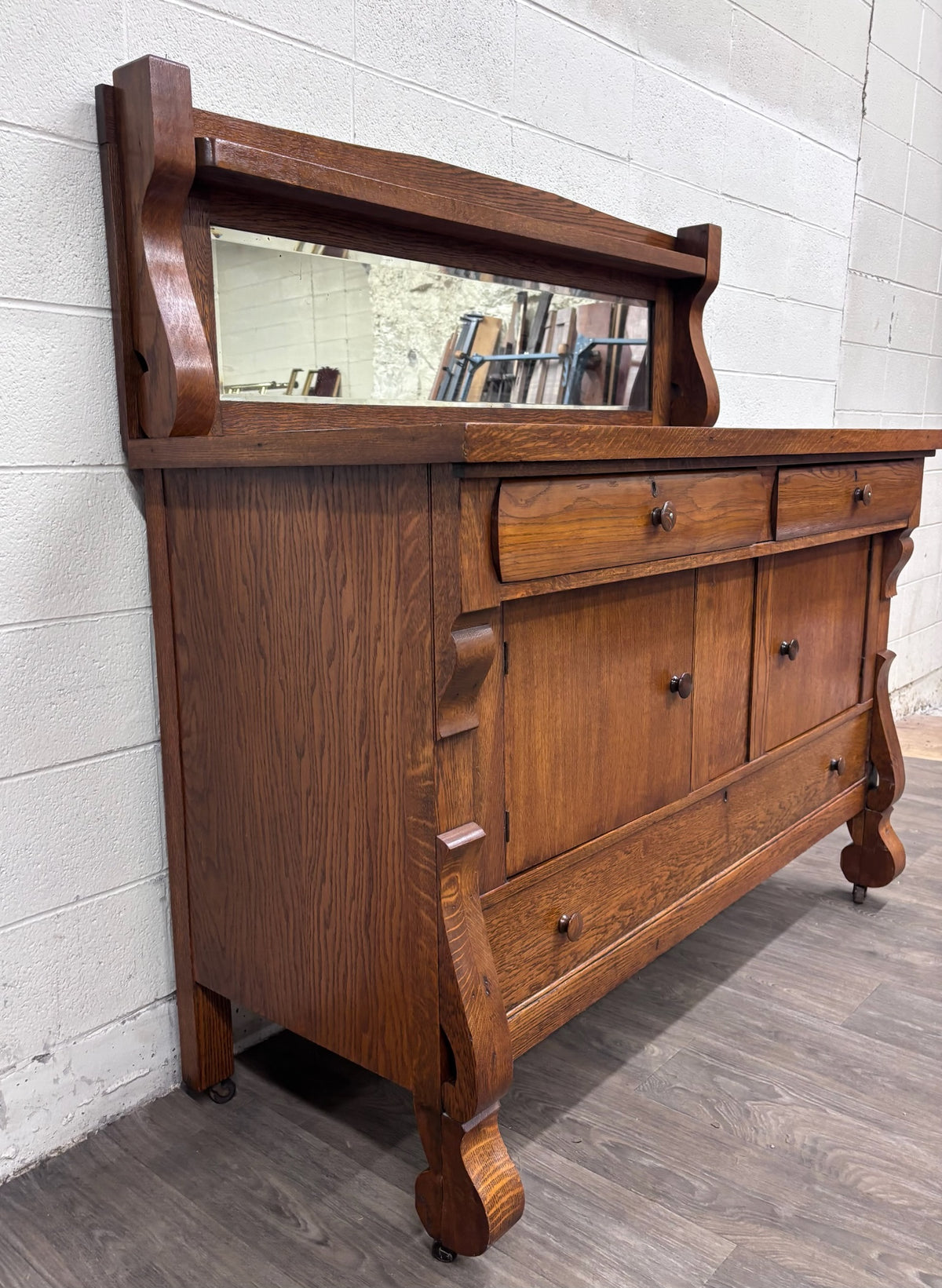 Antique Stout Furniture Co Tiger Oak Server Sideboard Buffet with Mirror