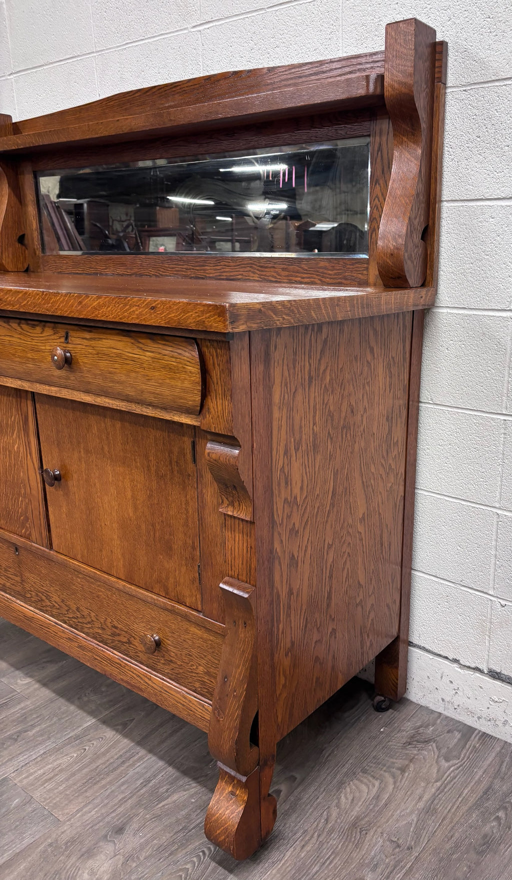 Antique Stout Furniture Co Tiger Oak Server Sideboard Buffet with Mirror