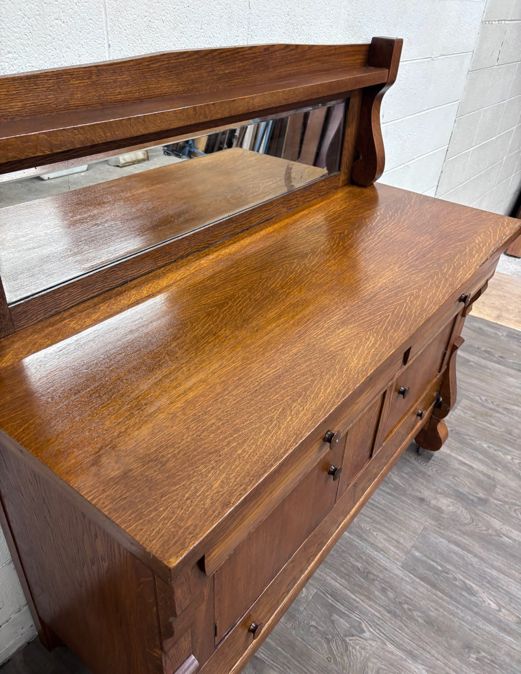 Antique Stout Furniture Co Tiger Oak Server Sideboard Buffet with Mirror