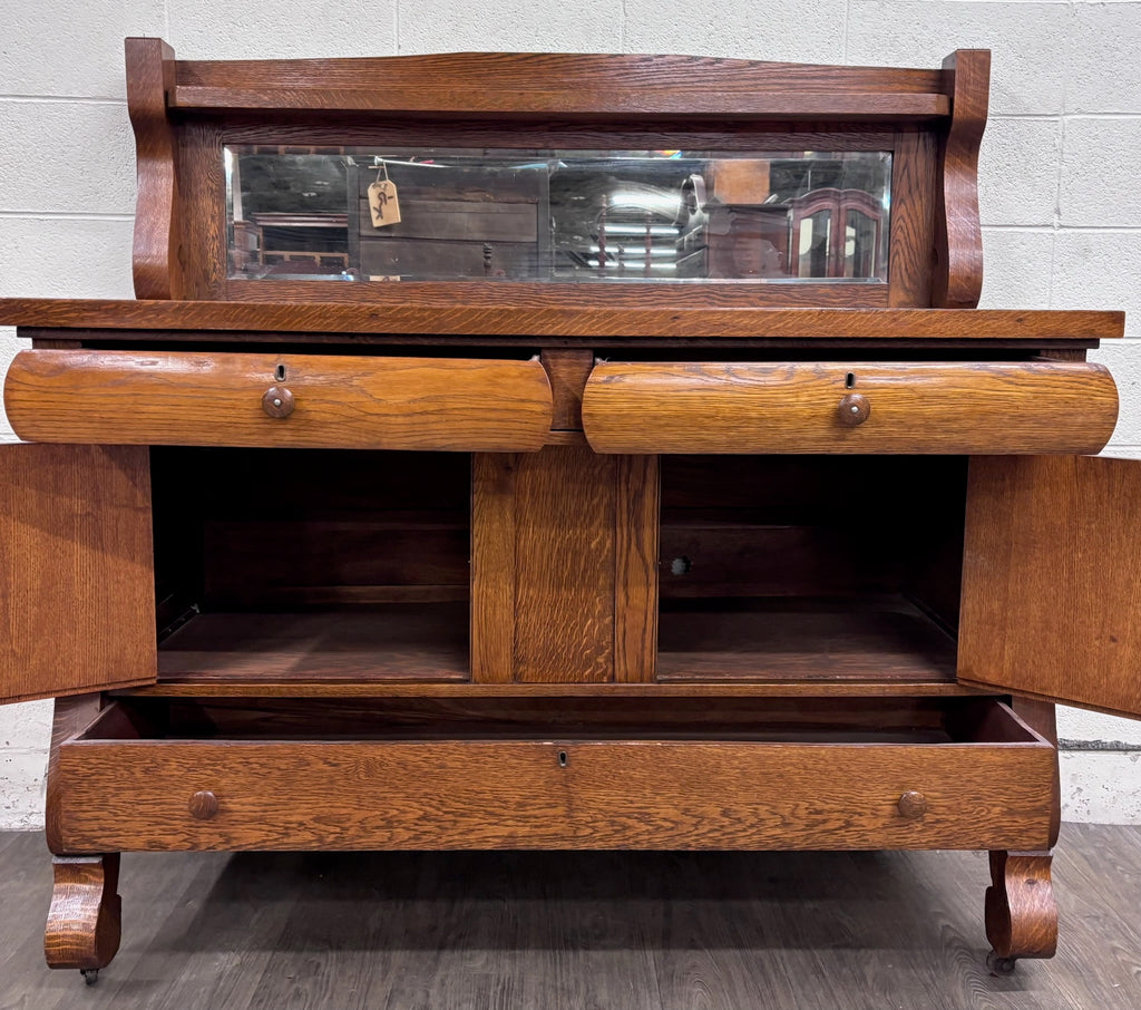 Antique Stout Furniture Co Tiger Oak Server Sideboard Buffet with Mirror