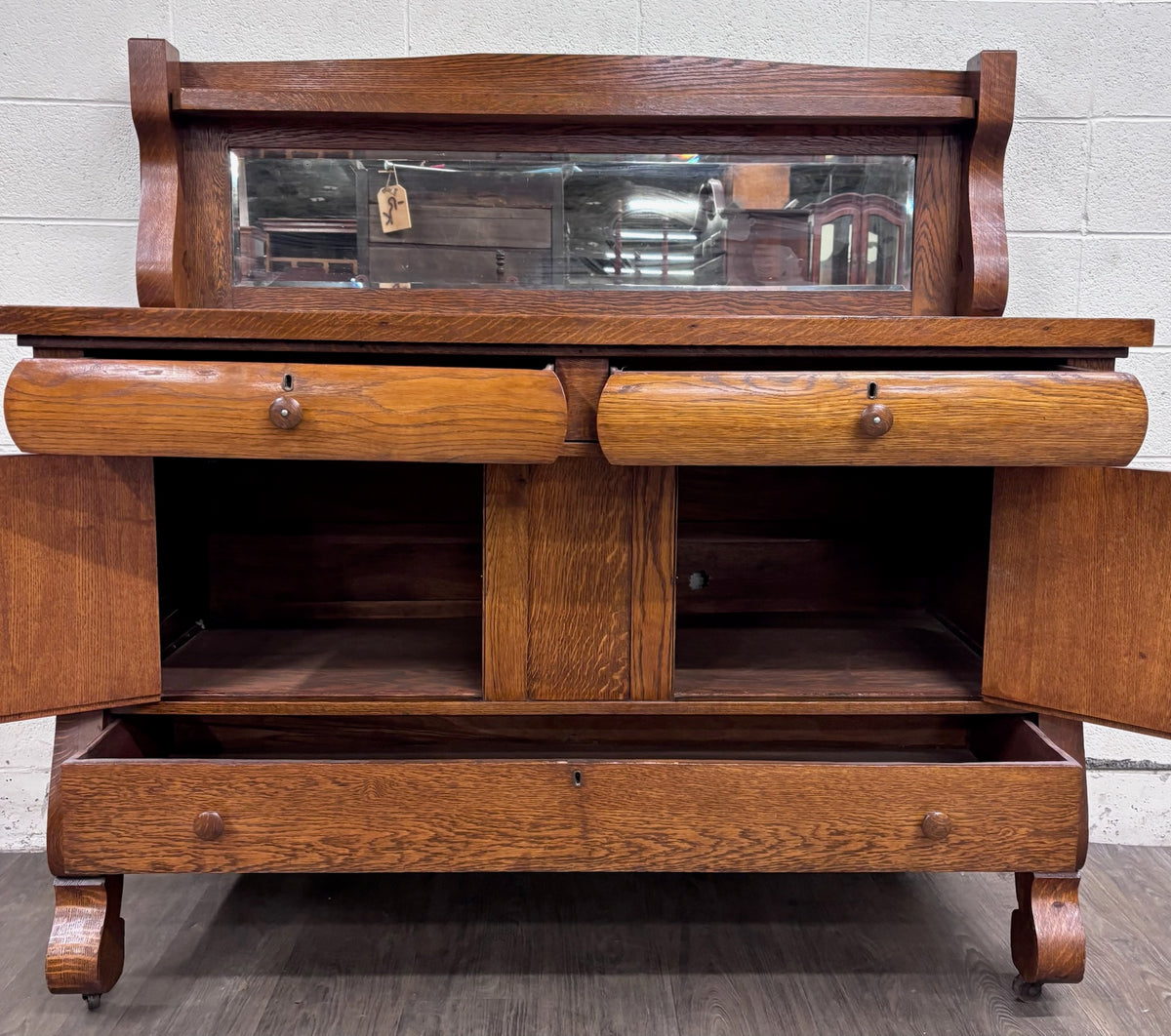 Antique Stout Furniture Co Tiger Oak Server Sideboard Buffet with Mirror