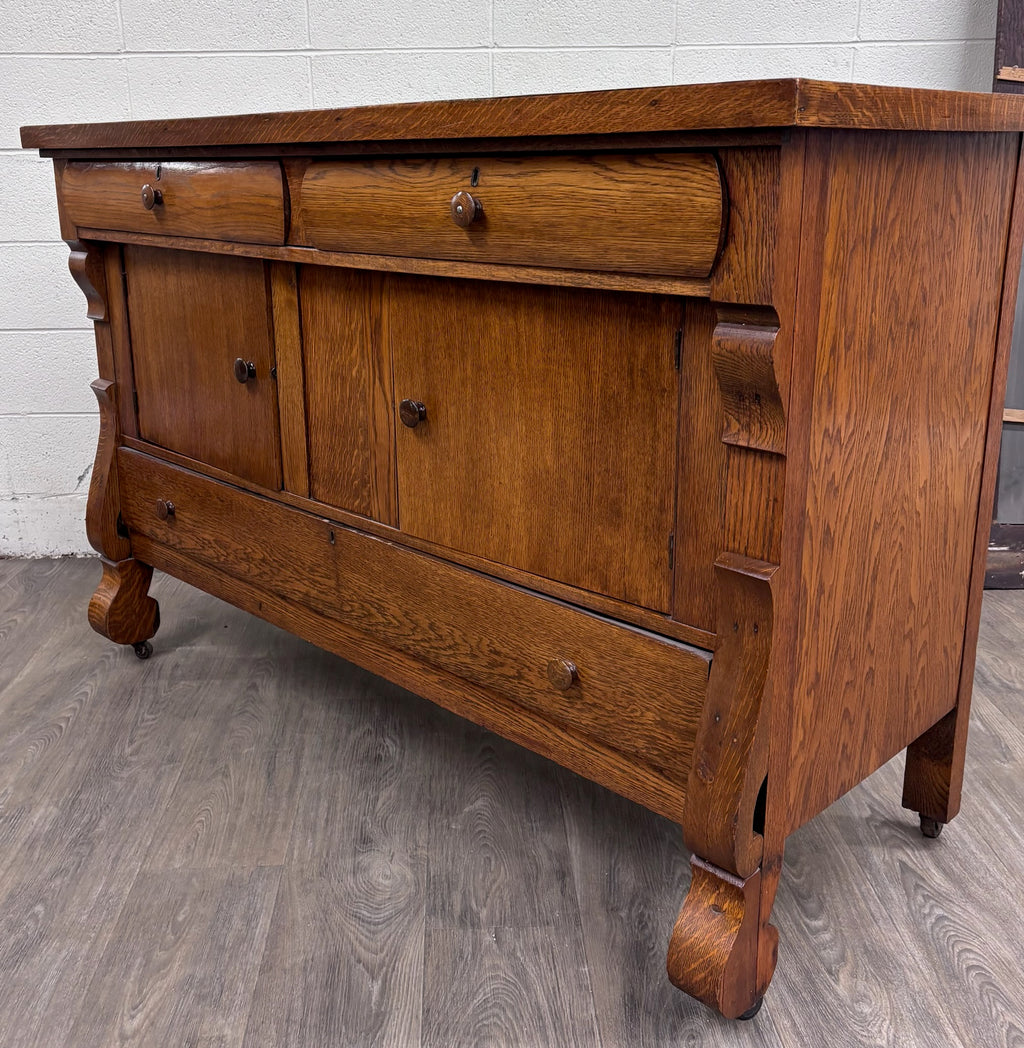 Antique Victorian Quarter Sawn Tiger Oak Serpentine Dresser with Mirror