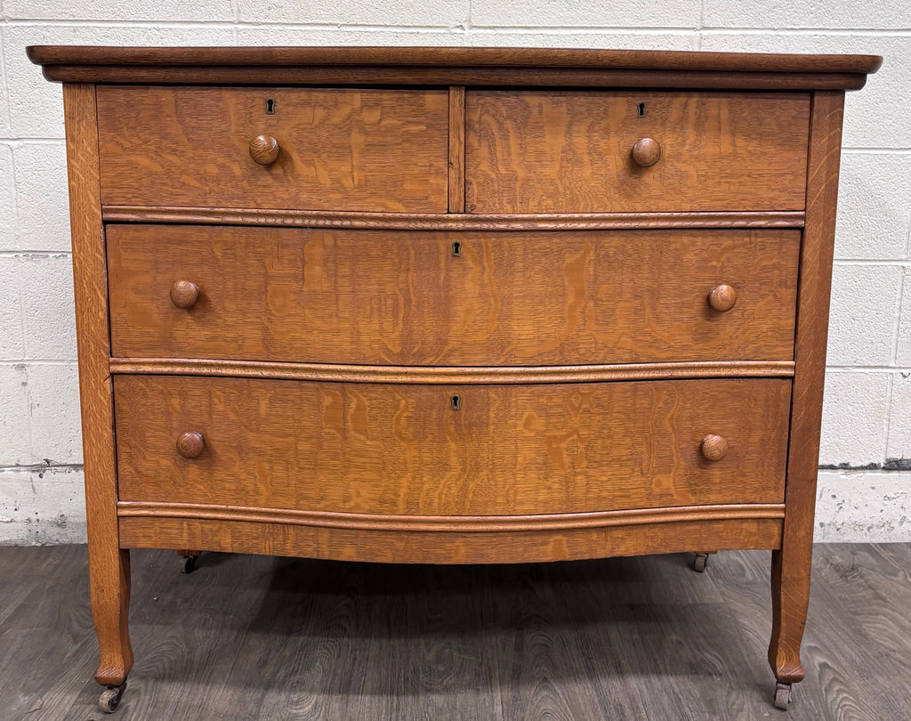 Antique Victorian Quarter Sawn Tiger Oak Serpentine Dresser with Mirror