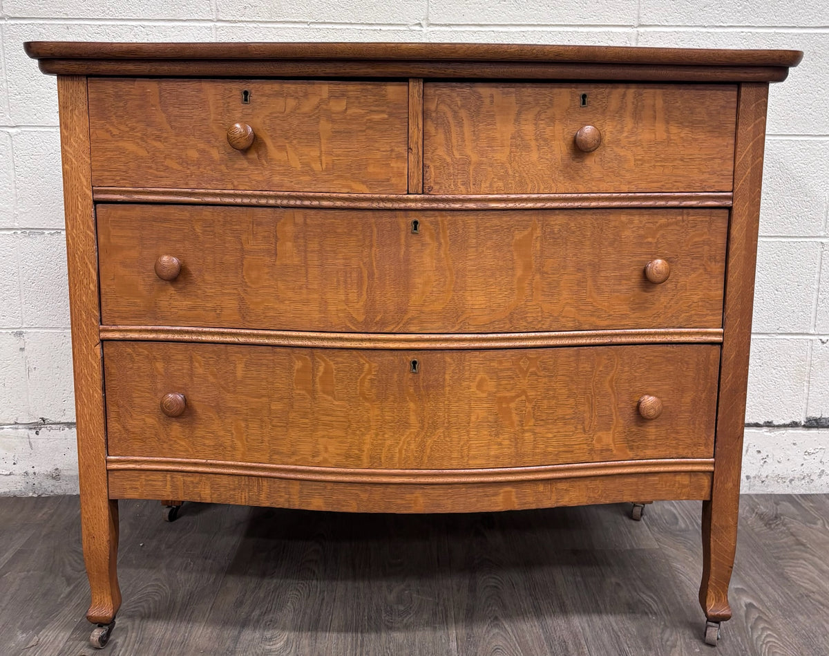 Antique Victorian Quarter Sawn Tiger Oak Serpentine Dresser with Mirror