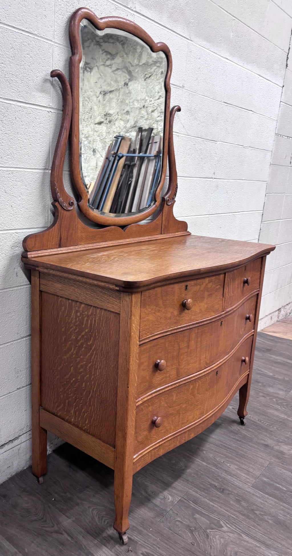 Antique Victorian Quarter Sawn Tiger Oak Serpentine Dresser with Mirror
