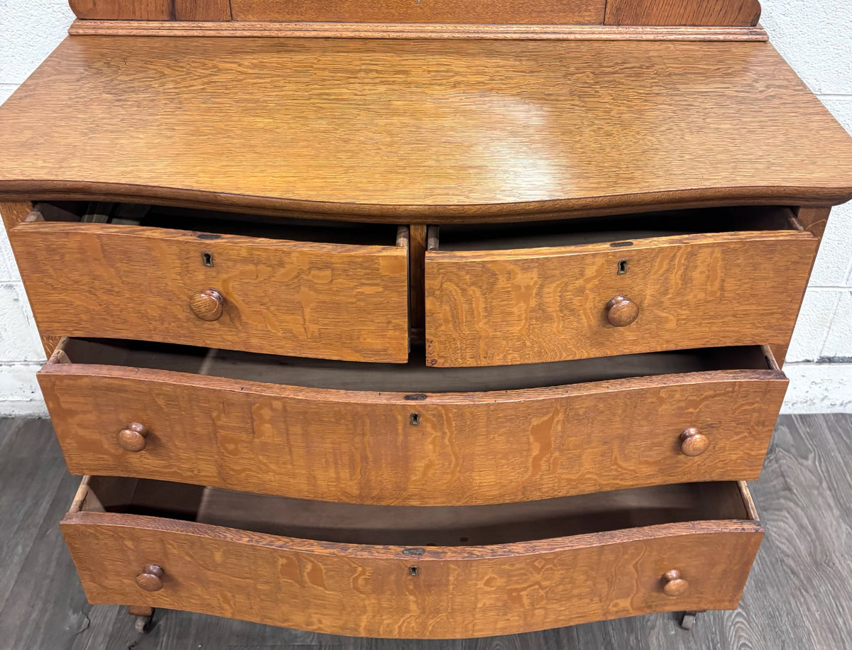 Antique Victorian Quarter Sawn Tiger Oak Serpentine Dresser with Mirror