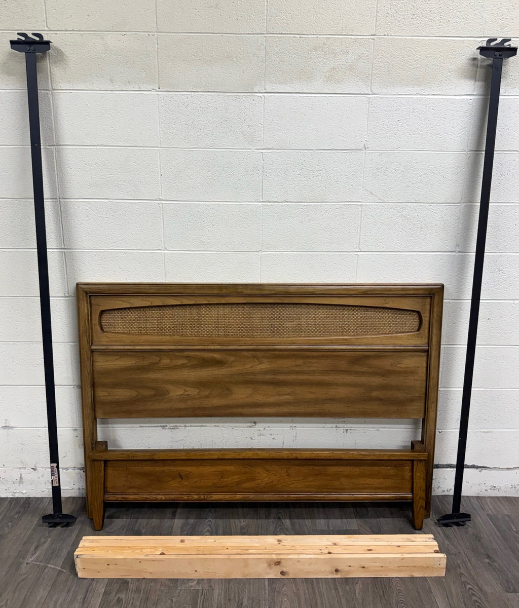 Vintage Full Size Mid Century Modern Walnut and Woven Cane Bed
