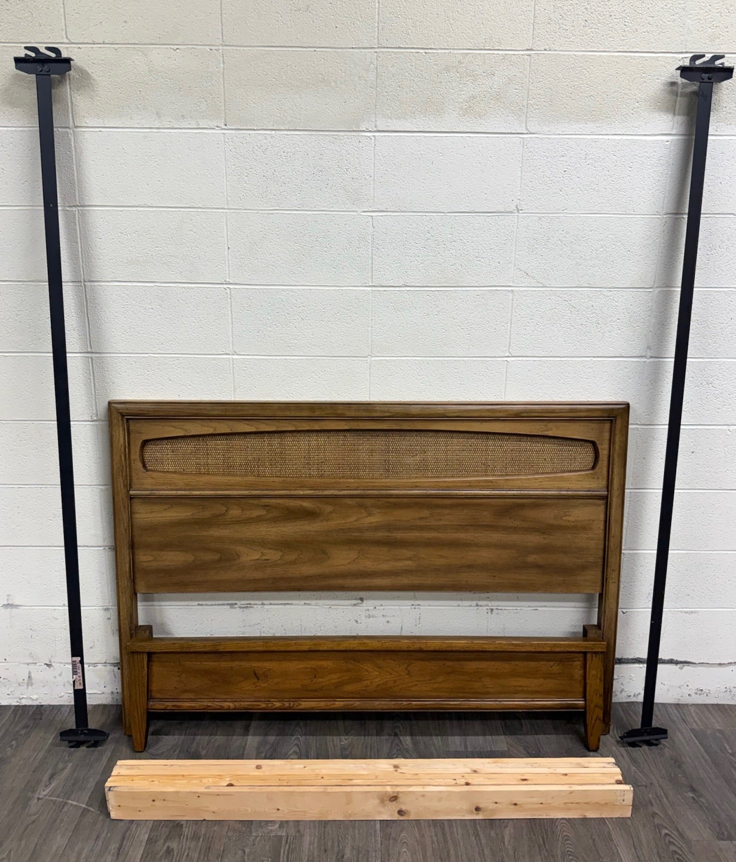 Vintage Full Size Mid Century Modern Walnut and Woven Cane Bed