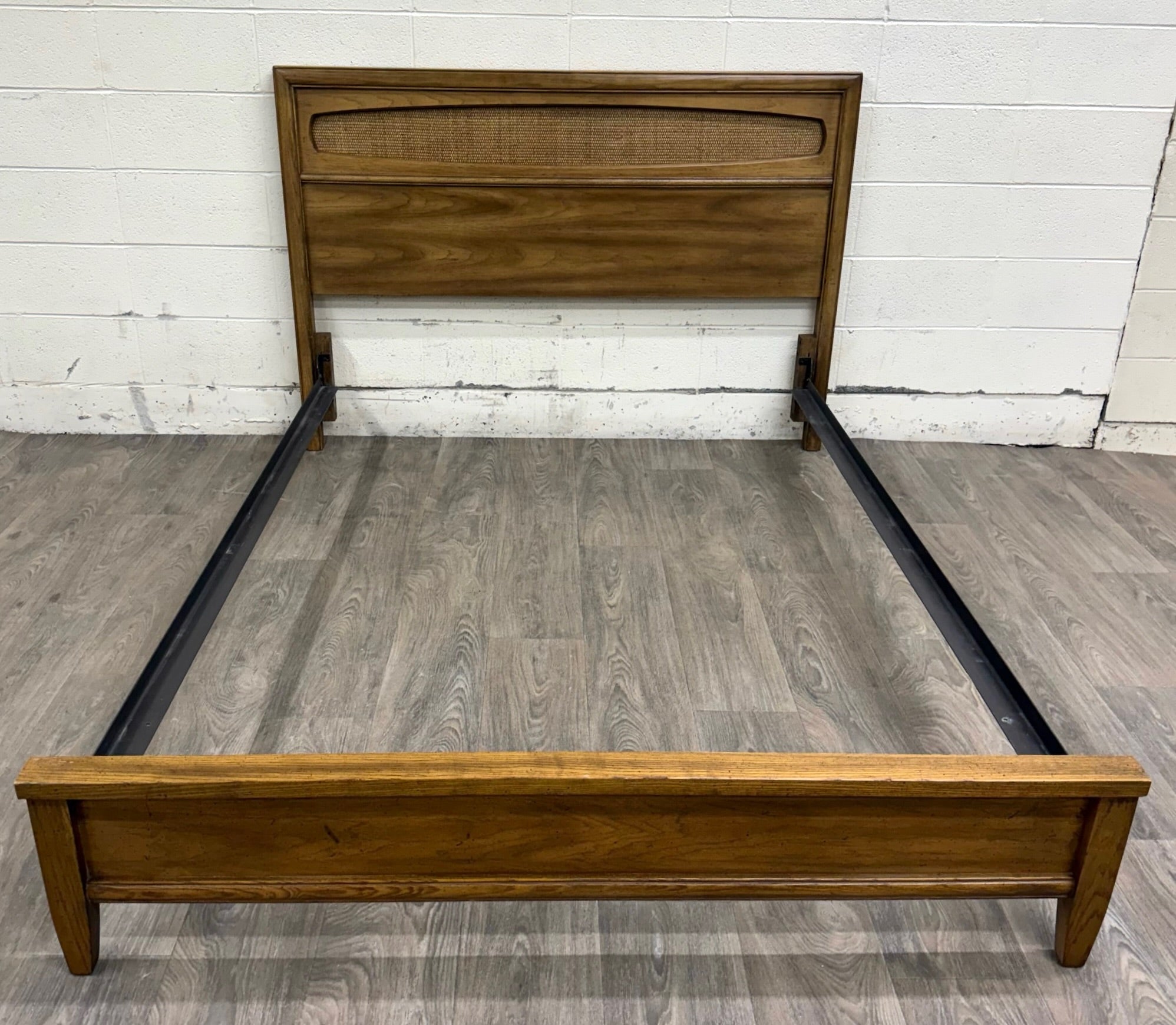 Vintage Full Size Mid Century Modern Walnut and Woven Cane Bed