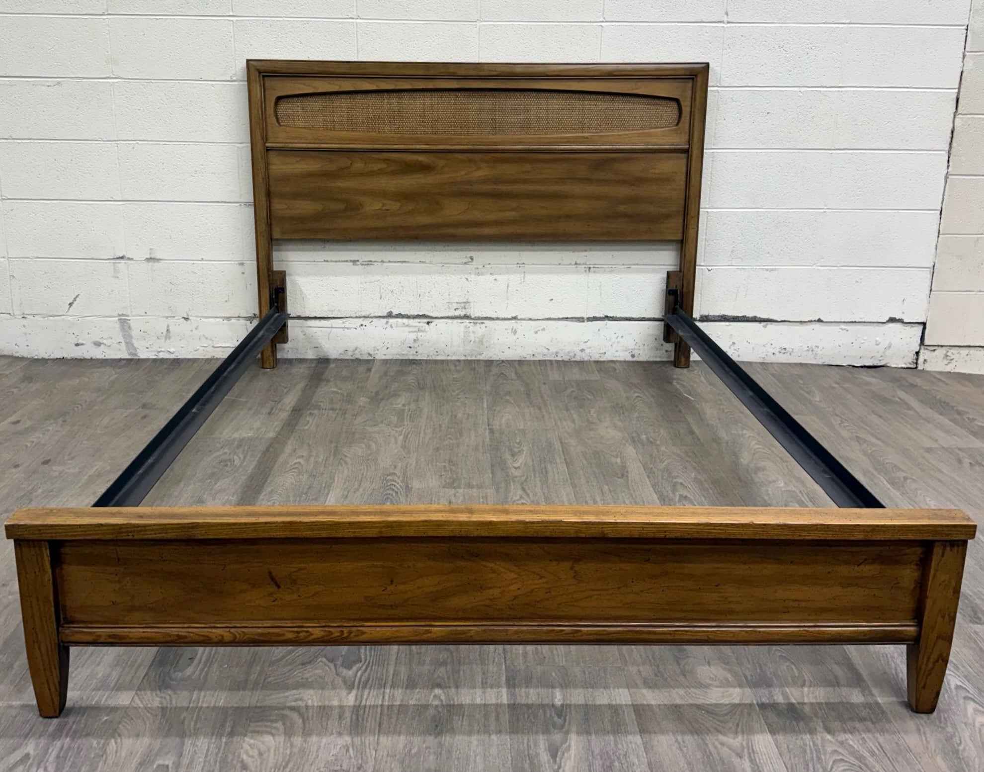 Vintage Full Size Mid Century Modern Walnut and Woven Cane Bed