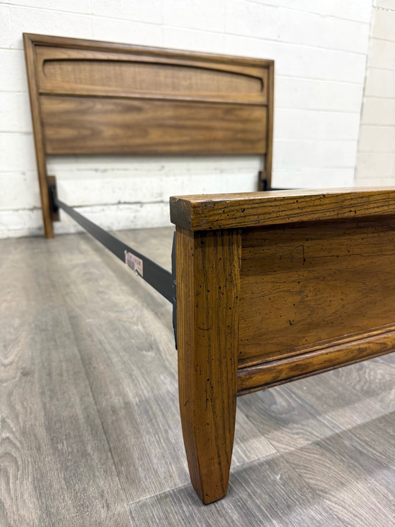 Vintage Full Size Mid Century Modern Walnut and Woven Cane Bed