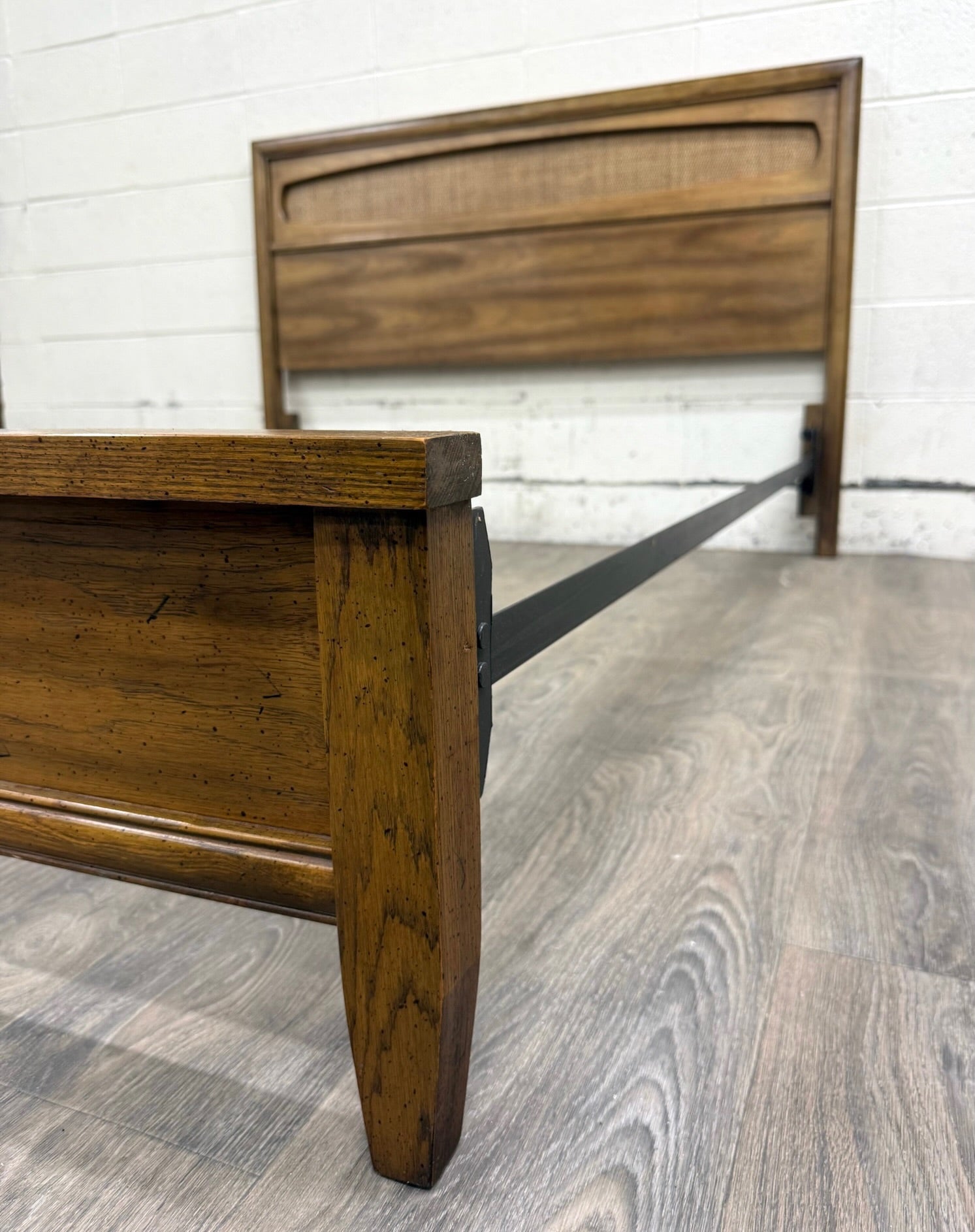 Vintage Full Size Mid Century Modern Walnut and Woven Cane Bed