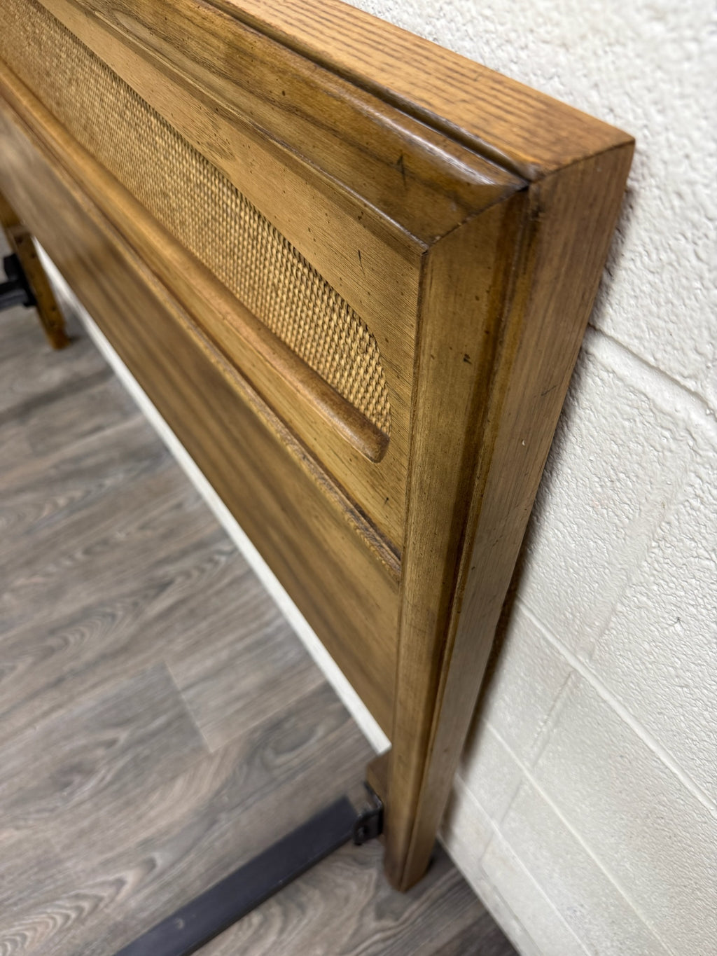 Vintage Full Size Mid Century Modern Walnut and Woven Cane Bed