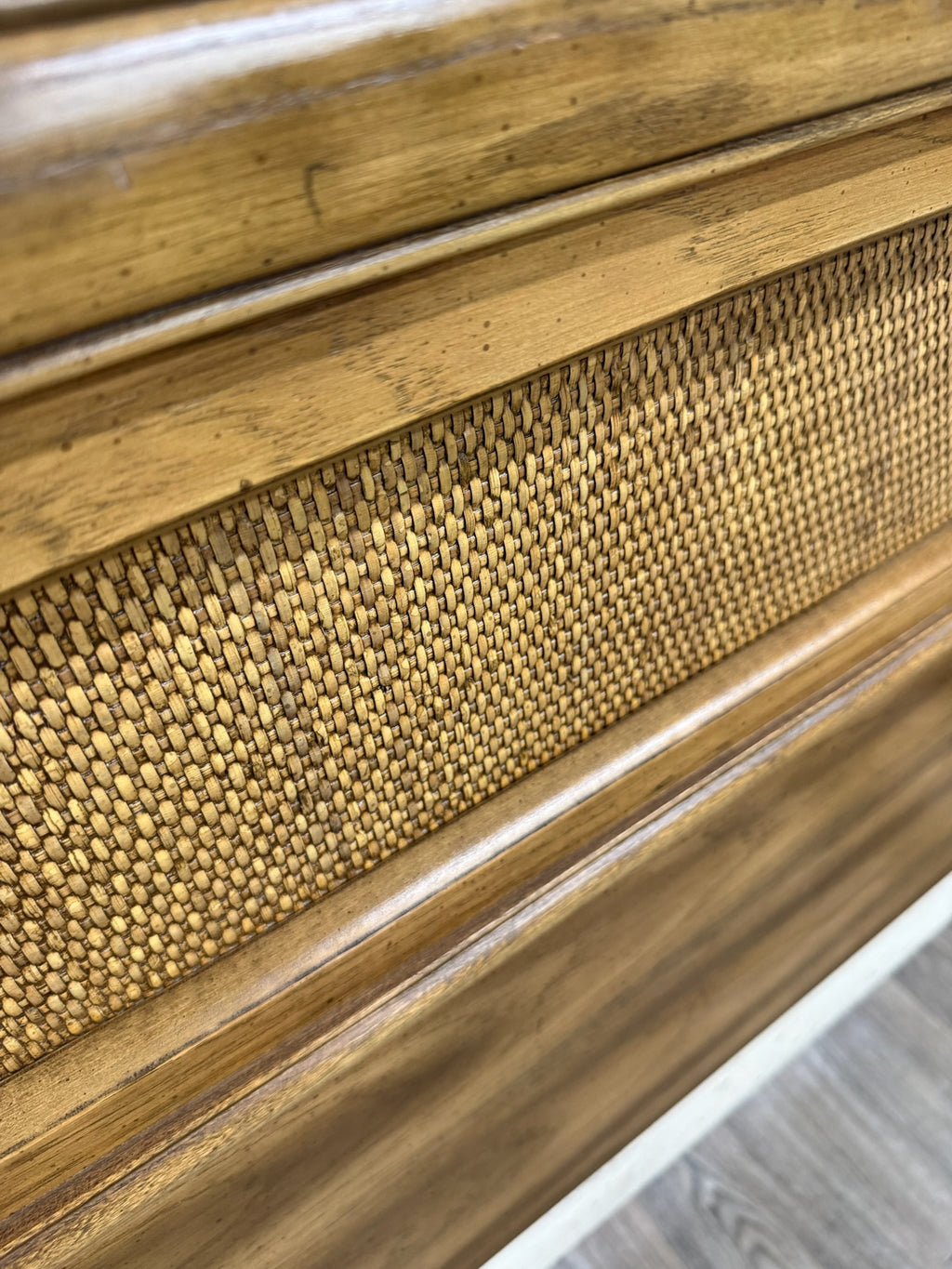 Vintage Full Size Mid Century Modern Walnut and Woven Cane Bed