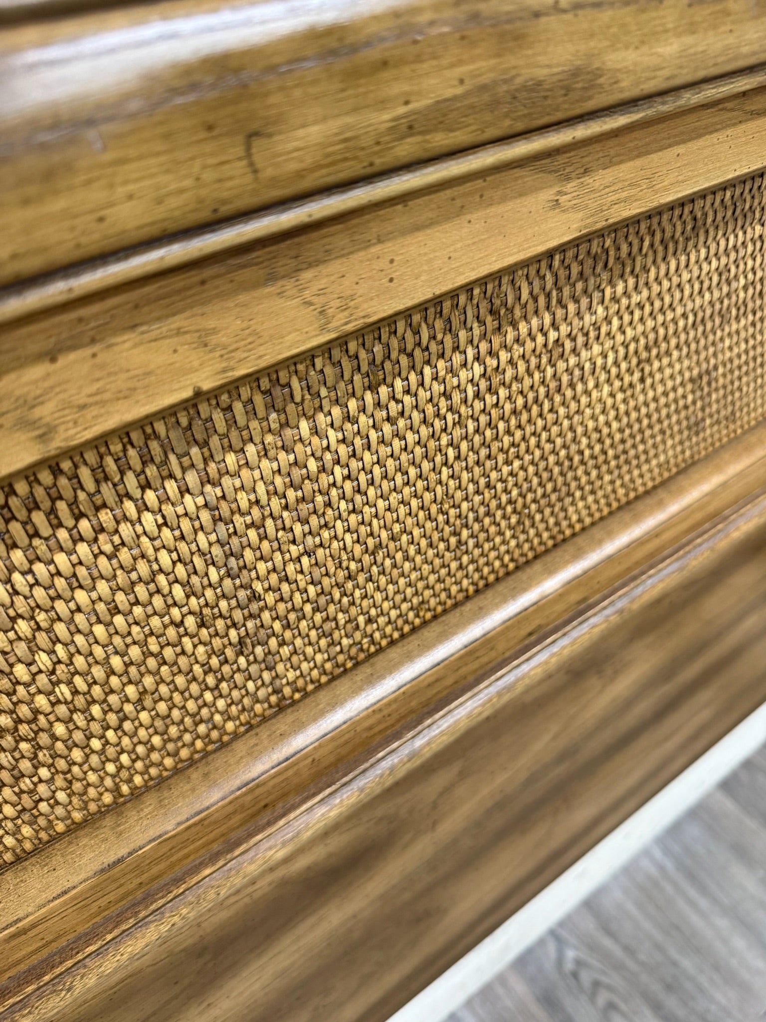 Vintage Full Size Mid Century Modern Walnut and Woven Cane Bed