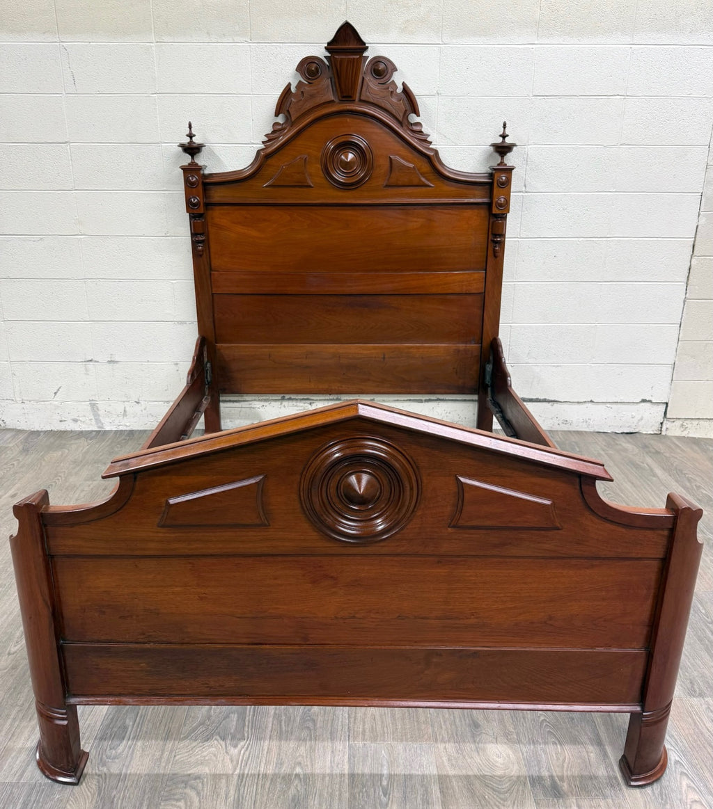 Antique Full Size Victorian Carved Walnut Bed