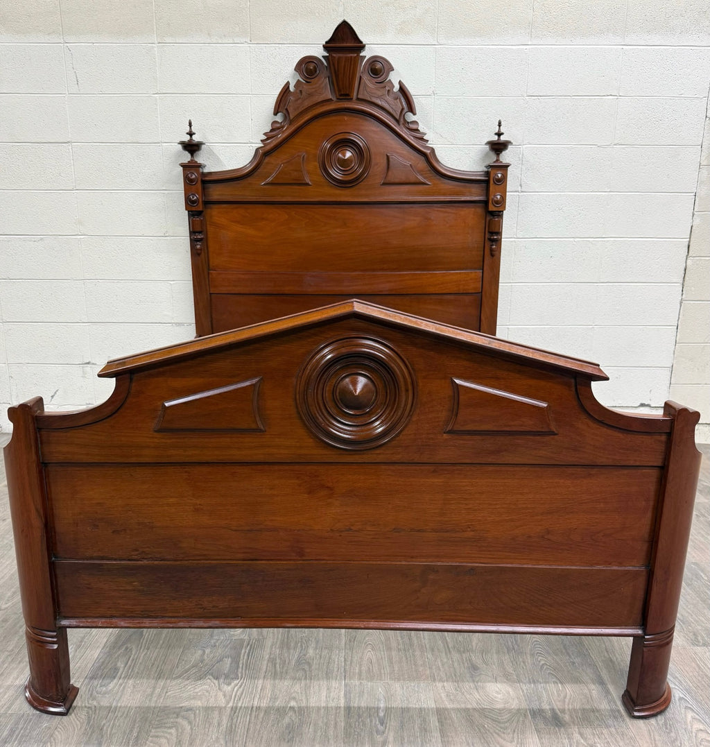 Antique Full Size Victorian Carved Walnut Bed