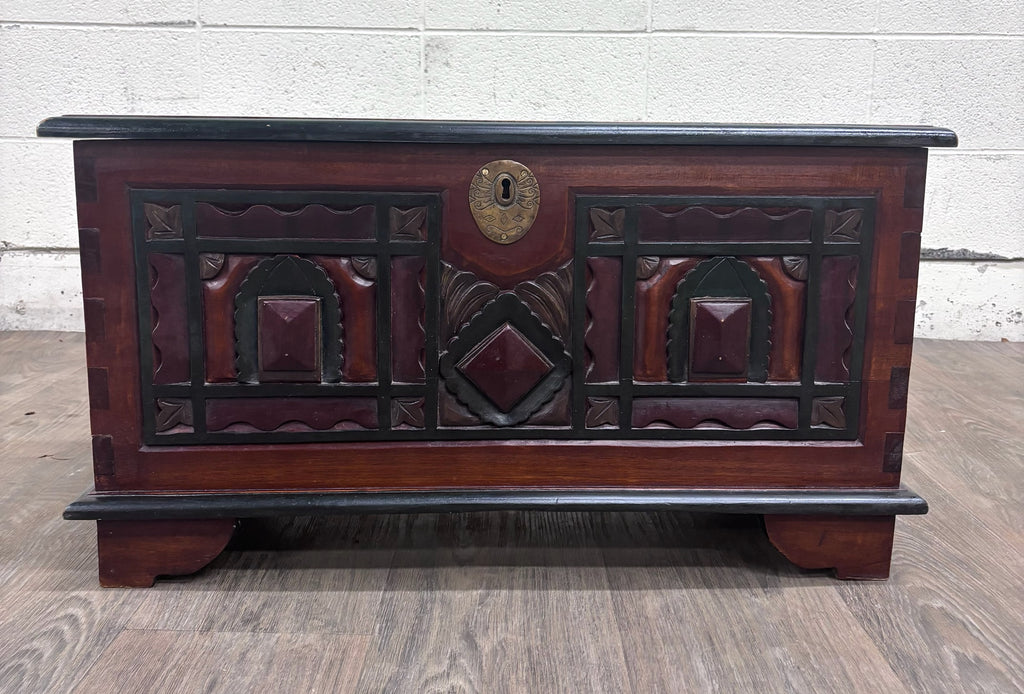 Antique Indian Rajasthani Geometric Carved Solid Hardwood Bridal Dowry Chest