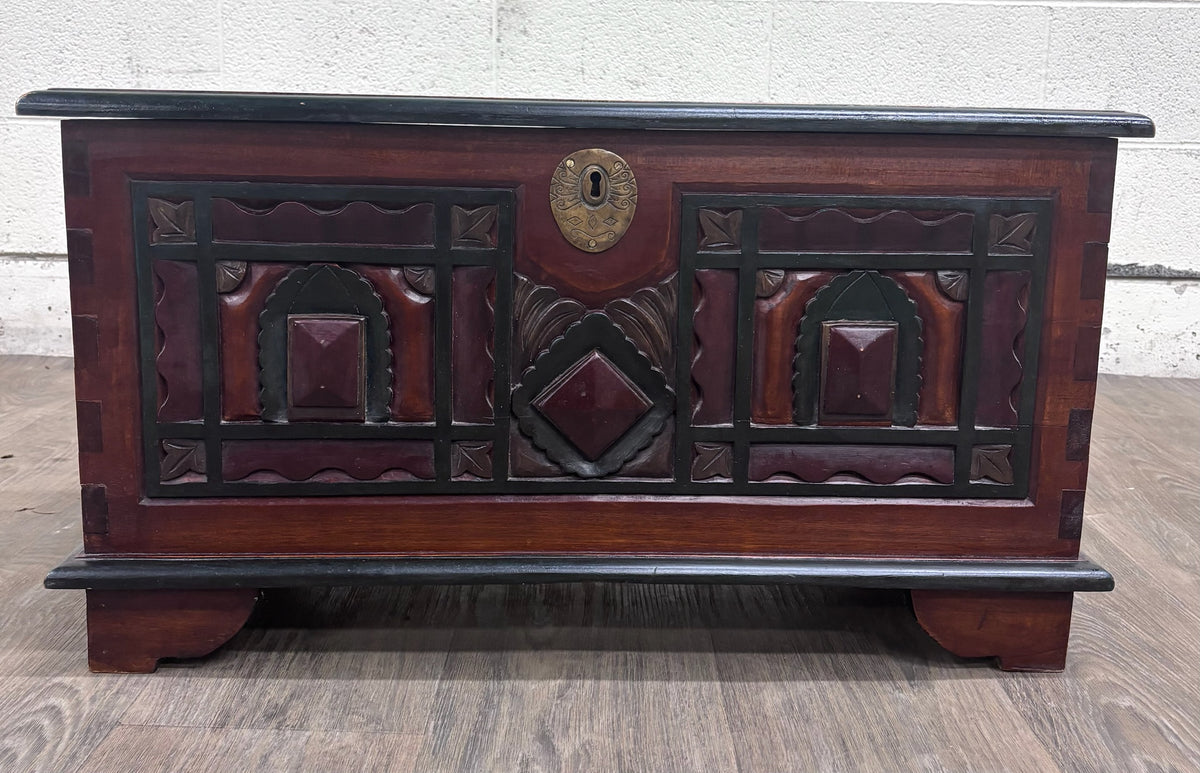 Antique Indian Rajasthani Geometric Carved Solid Hardwood Bridal Dowry Chest