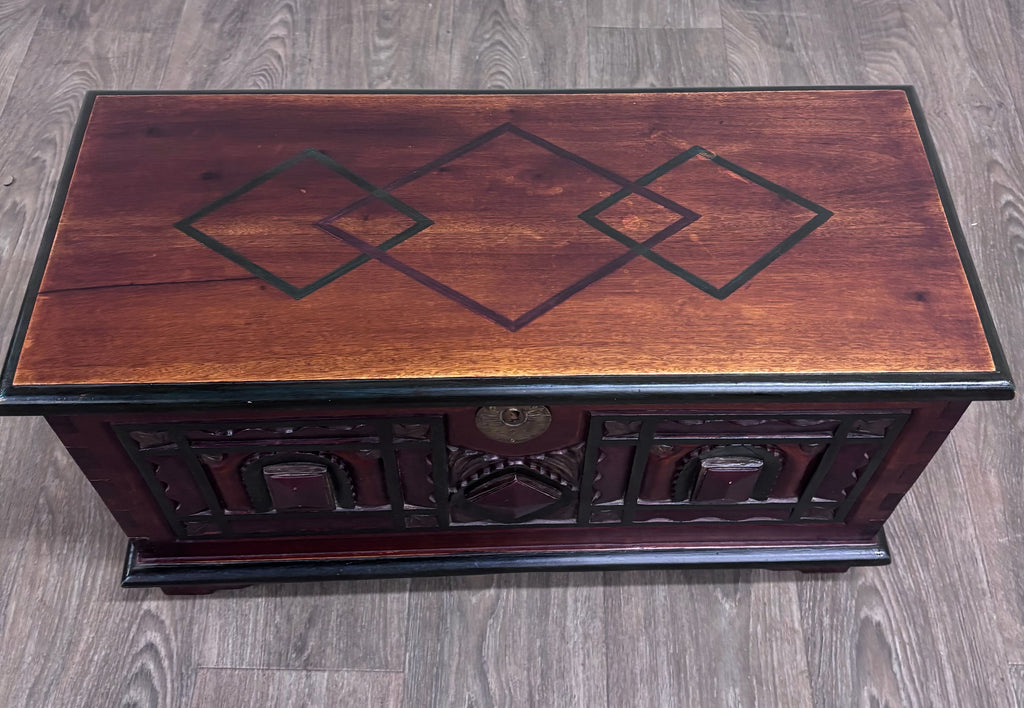 Antique Indian Rajasthani Geometric Carved Solid Hardwood Bridal Dowry Chest