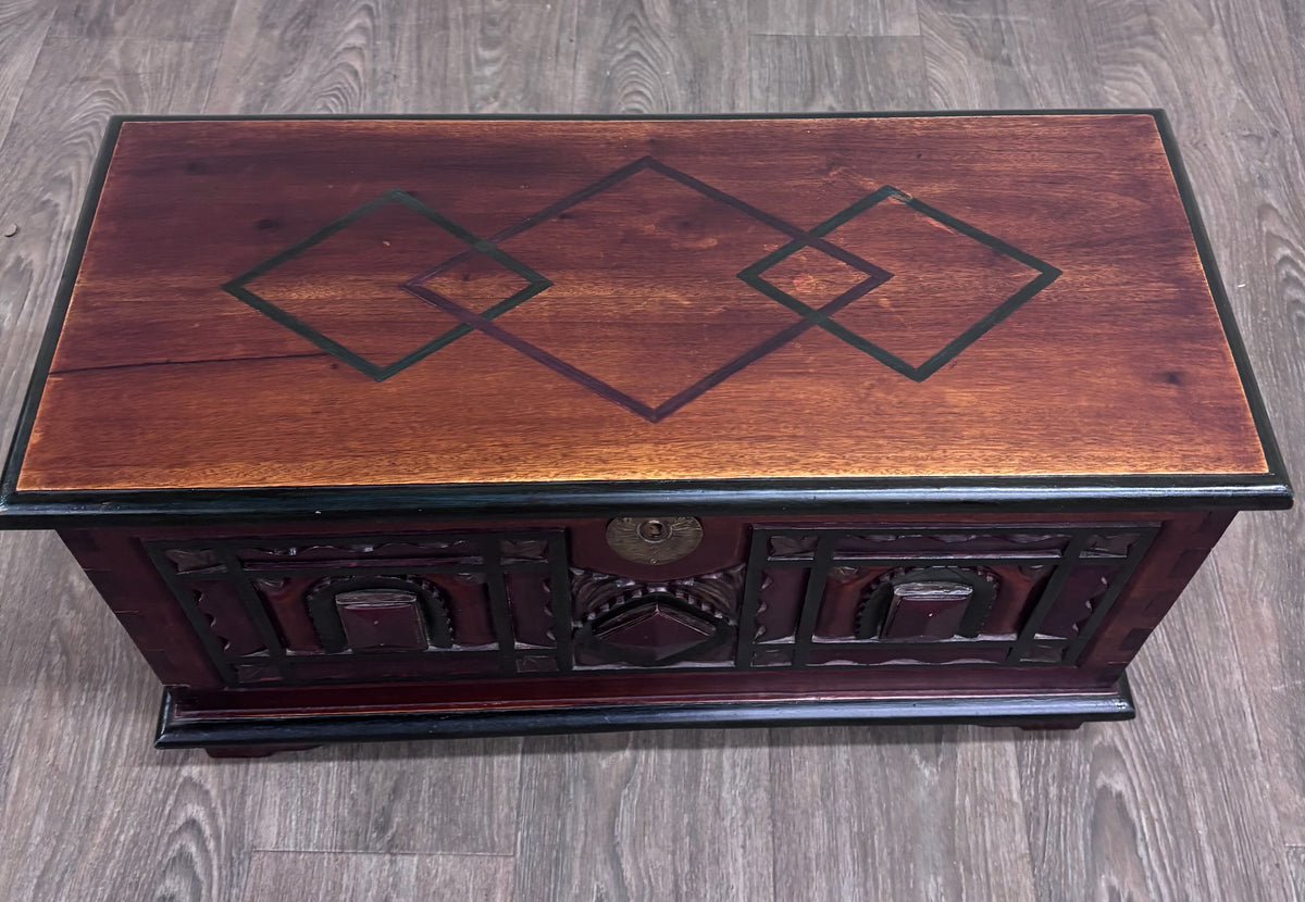 Antique Indian Rajasthani Geometric Carved Solid Hardwood Bridal Dowry Chest