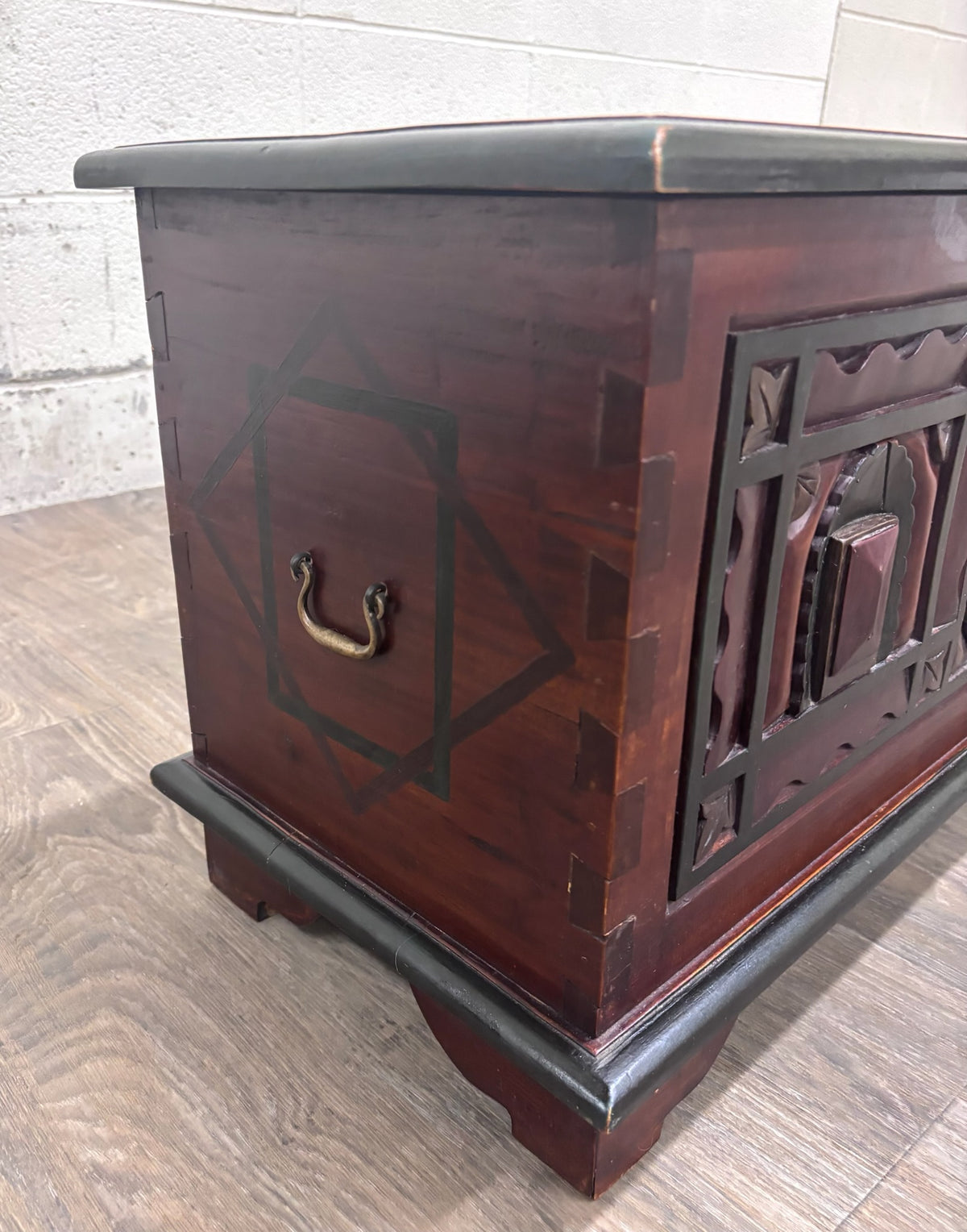 Antique Indian Rajasthani Geometric Carved Solid Hardwood Bridal Dowry Chest