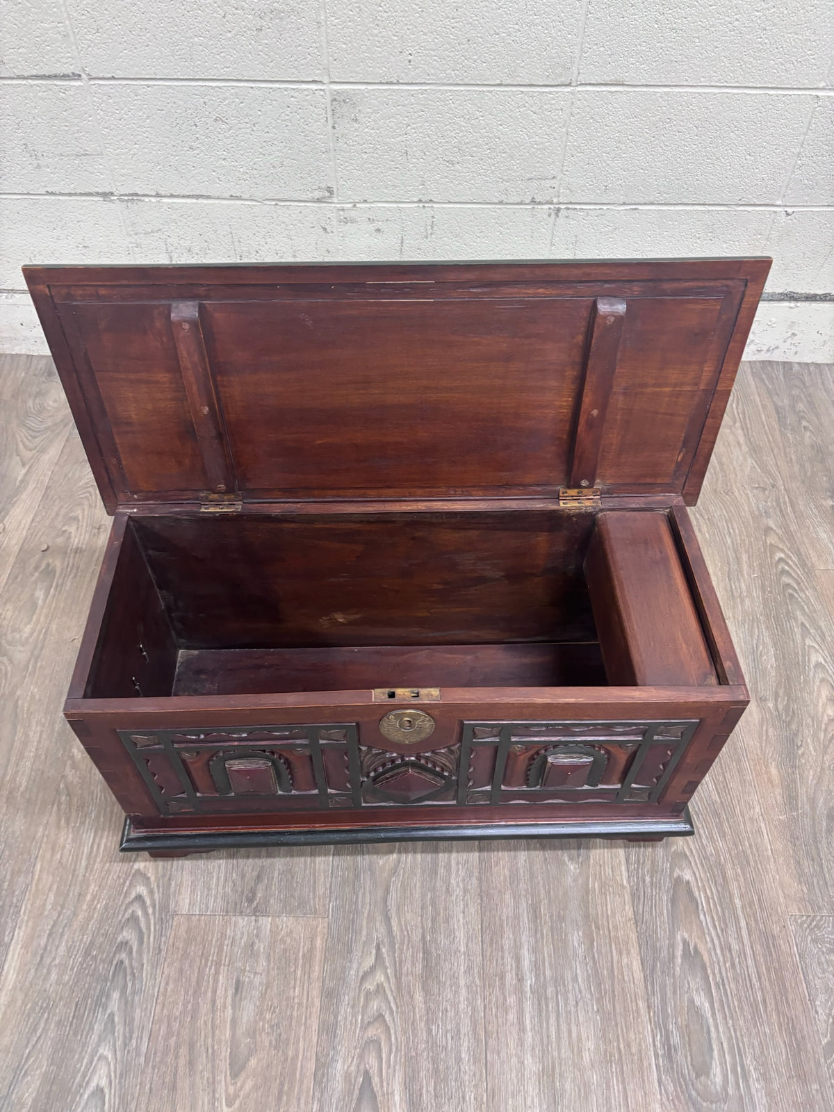 Antique Indian Rajasthani Geometric Carved Solid Hardwood Bridal Dowry Chest