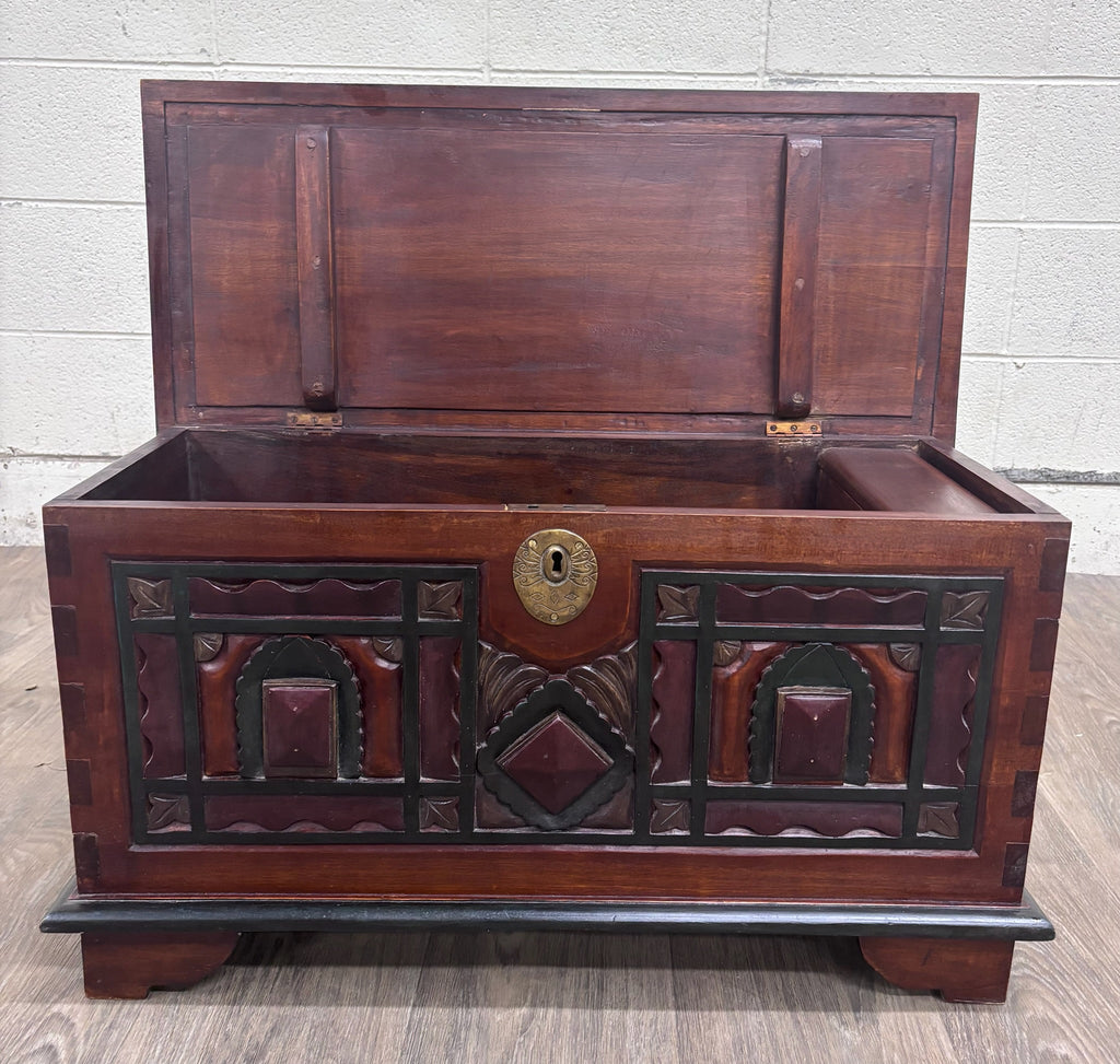 Antique Indian Rajasthani Geometric Carved Solid Hardwood Bridal Dowry Chest