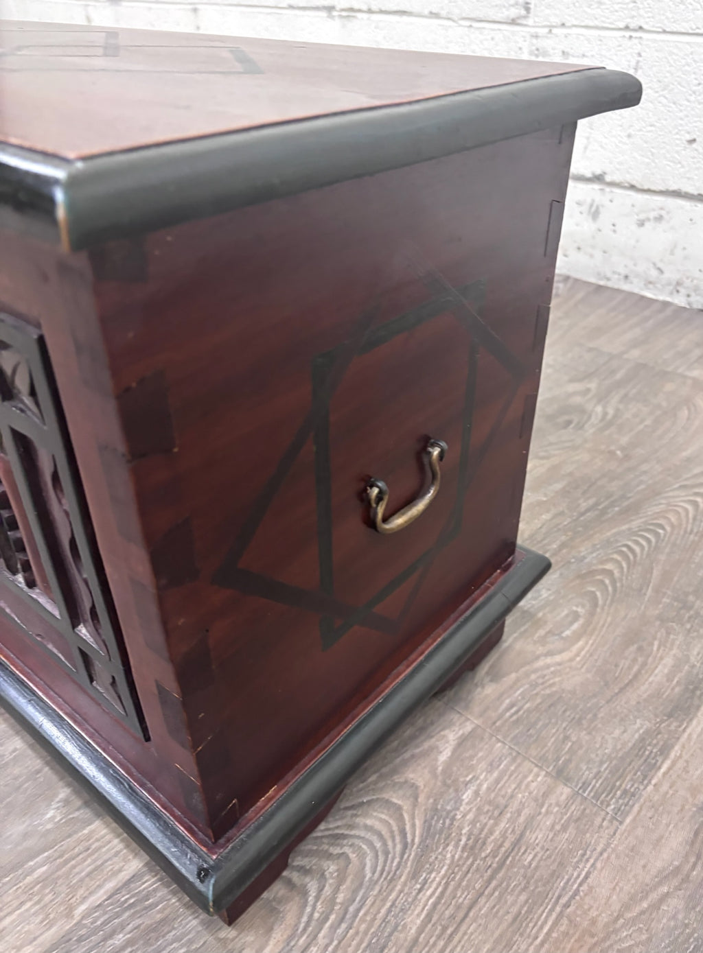 Antique Indian Rajasthani Geometric Carved Solid Hardwood Bridal Dowry Chest