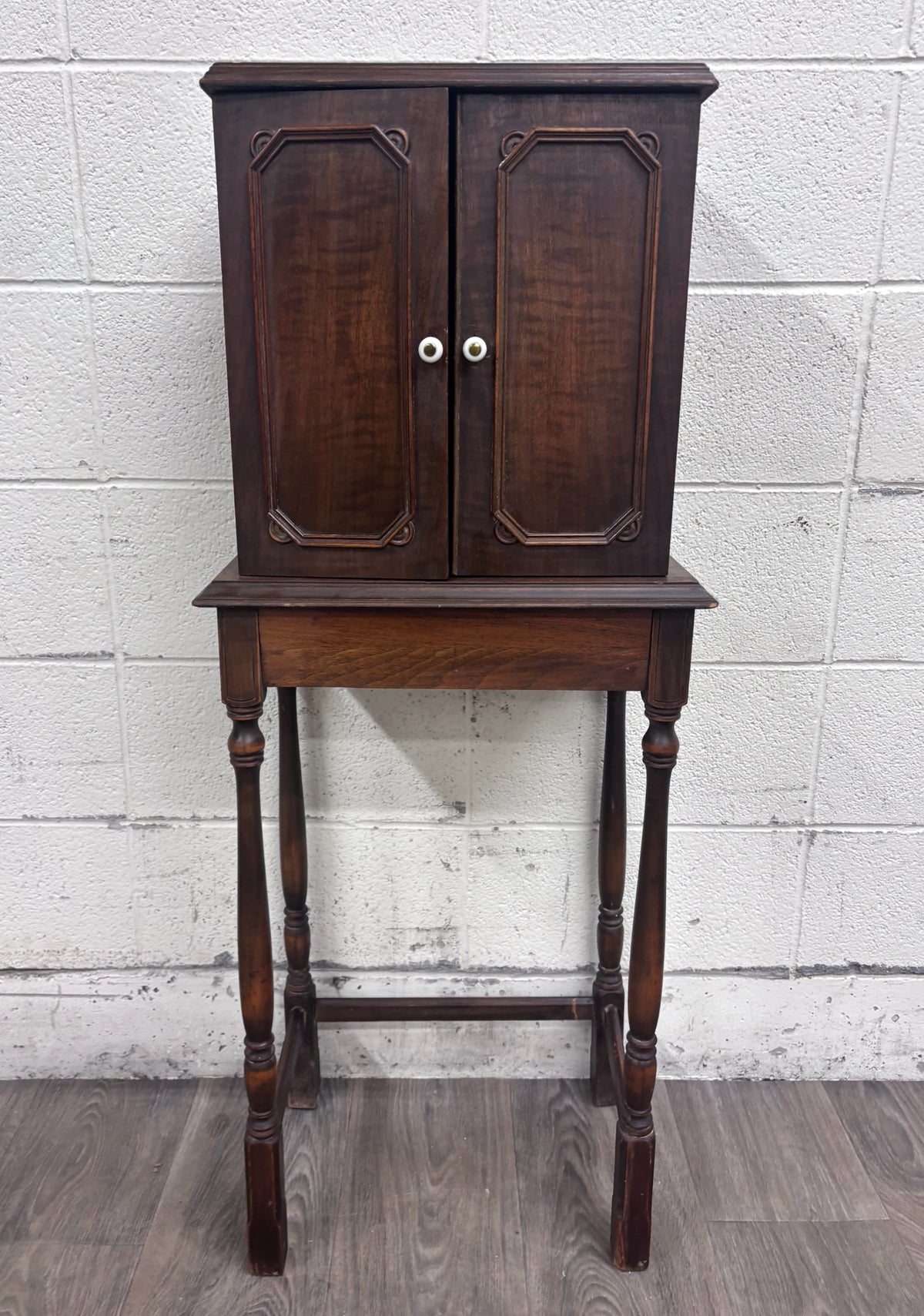 Antique c. 1920 Tudor Revival Walnut Silver / Jewelry / Collector Cabinet