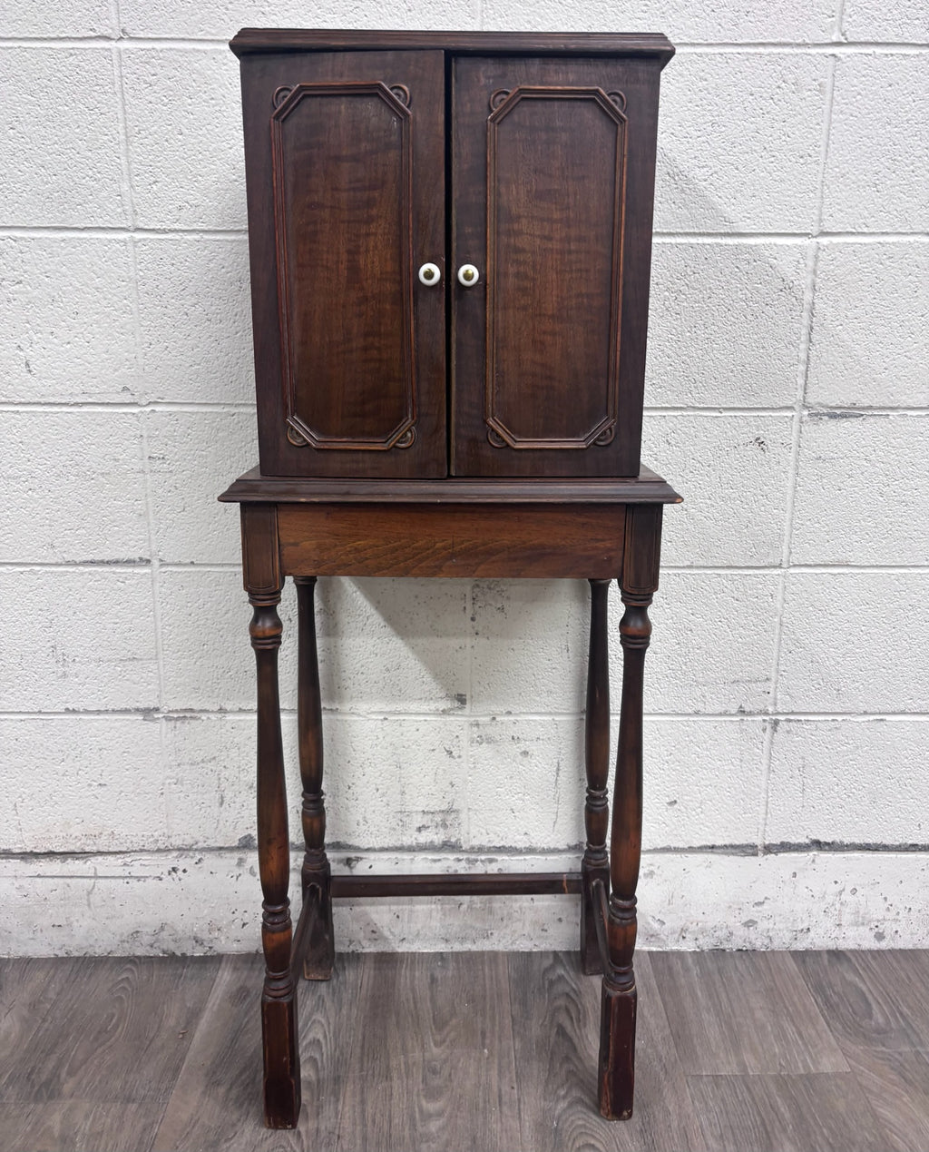 Antique c. 1920 Tudor Revival Walnut Silver / Jewelry / Collector Cabinet