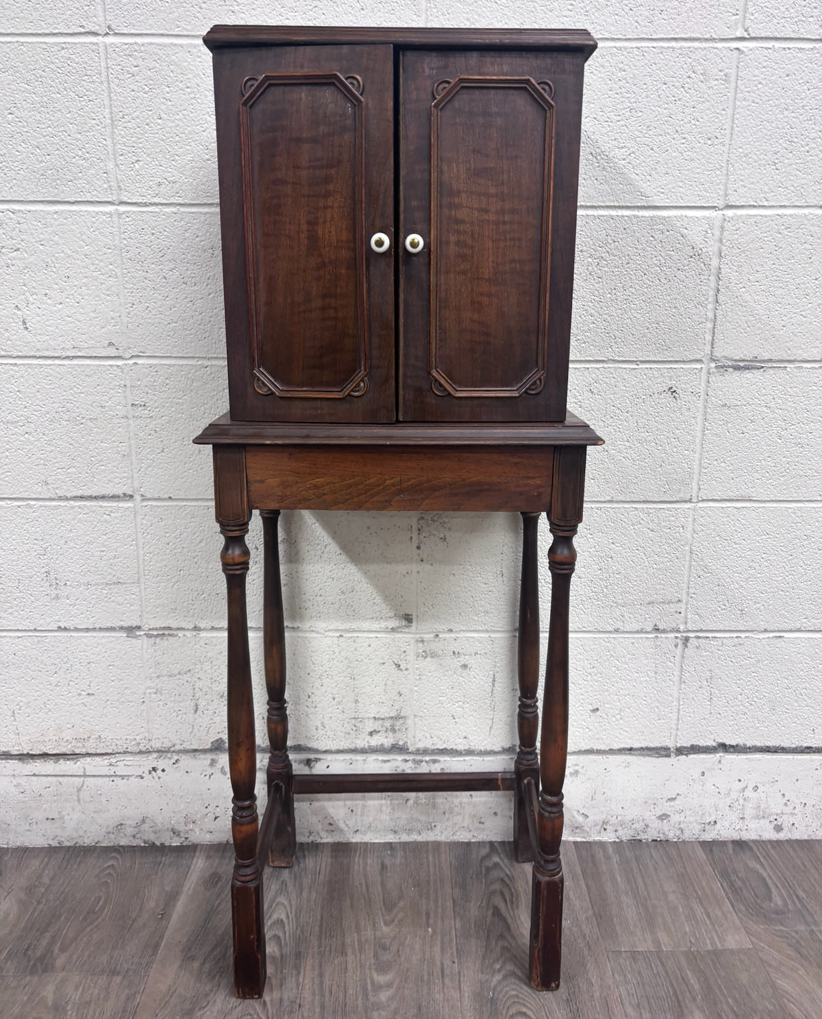 Antique c. 1920 Tudor Revival Walnut Silver / Jewelry / Collector Cabinet
