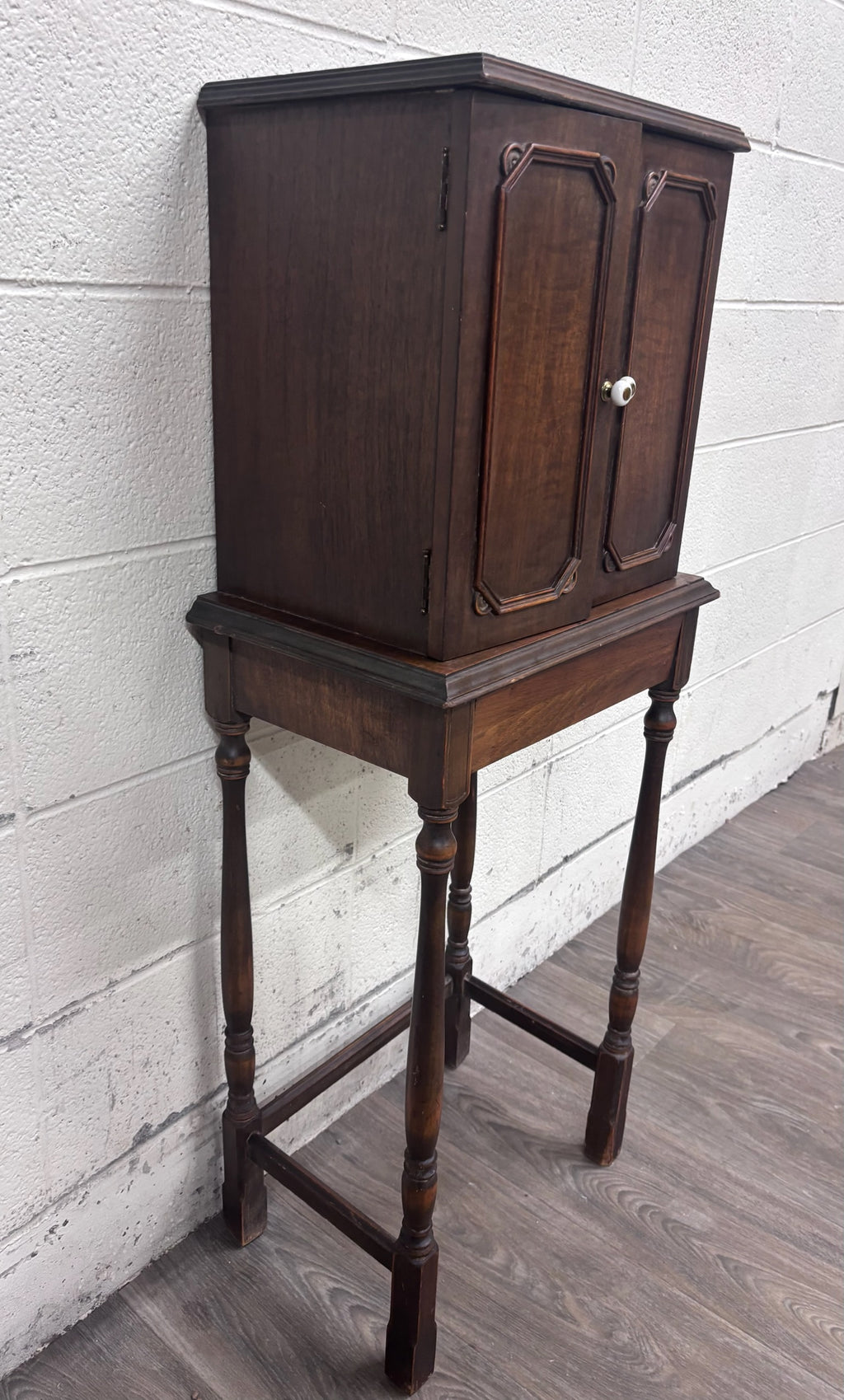 Antique c. 1920 Tudor Revival Walnut Silver / Jewelry / Collector Cabinet