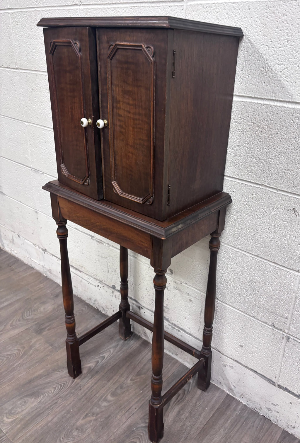 Antique c. 1920 Tudor Revival Walnut Silver / Jewelry / Collector Cabinet