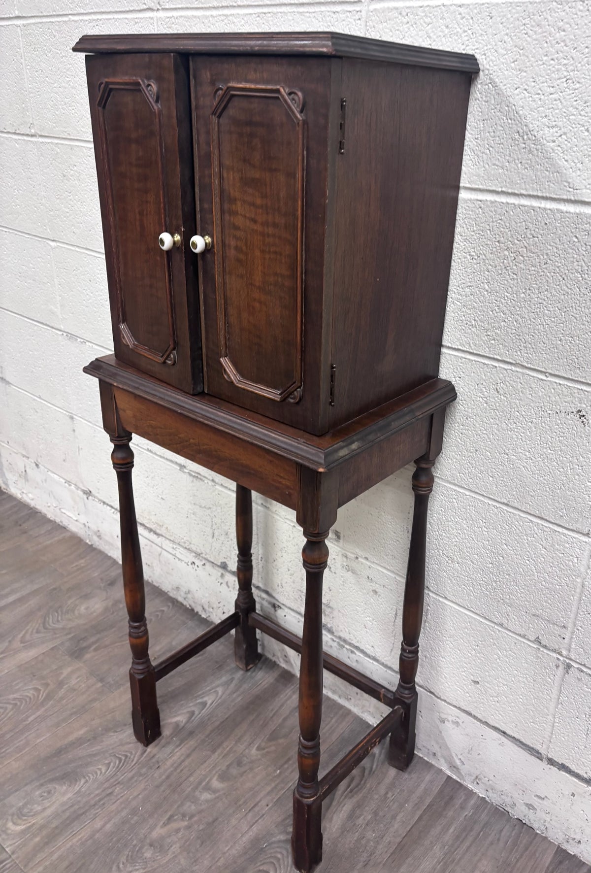 Antique c. 1920 Tudor Revival Walnut Silver / Jewelry / Collector Cabinet
