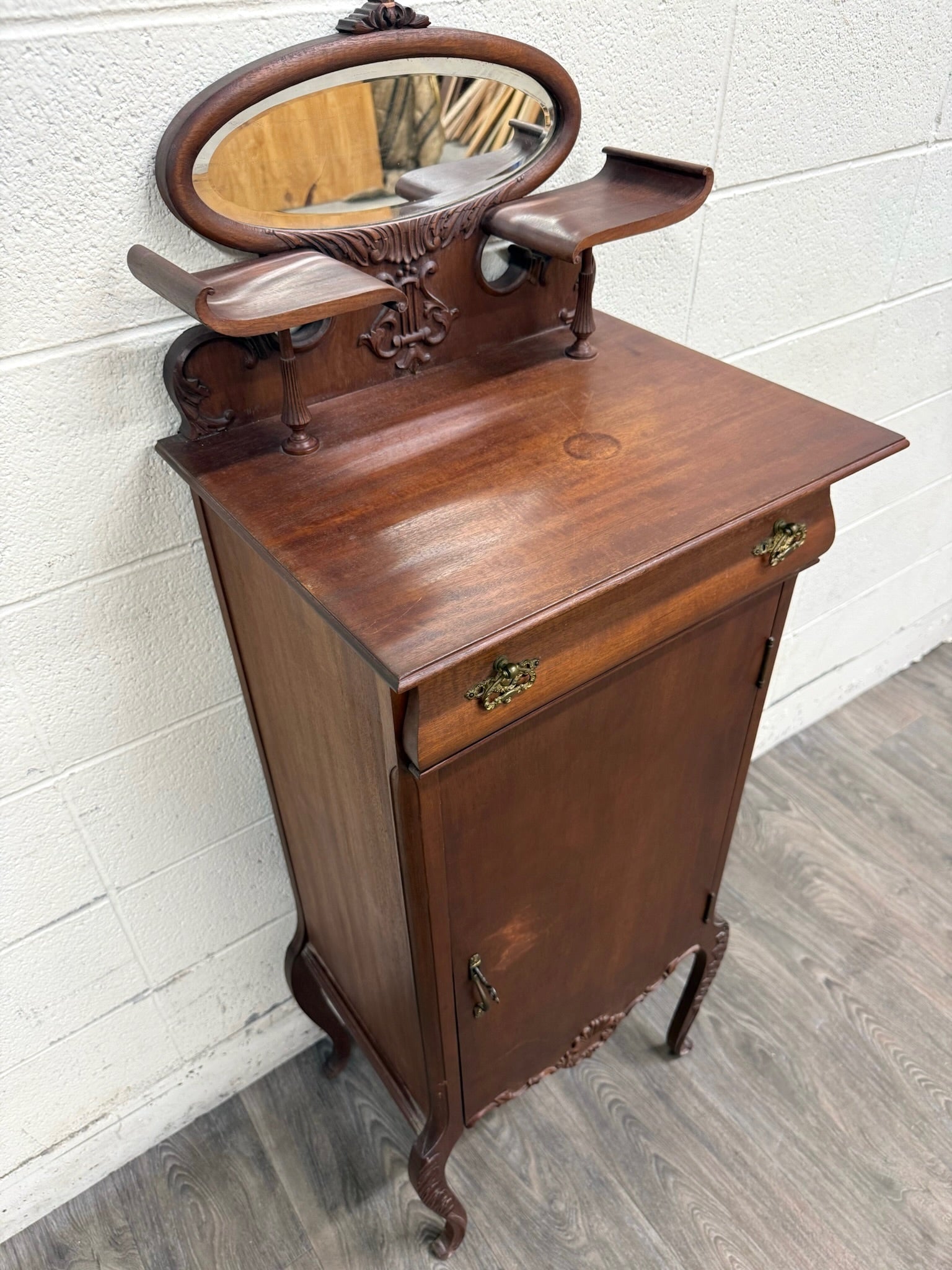 Antique Victorian Rococo Revival Mahogany Music Cabinet